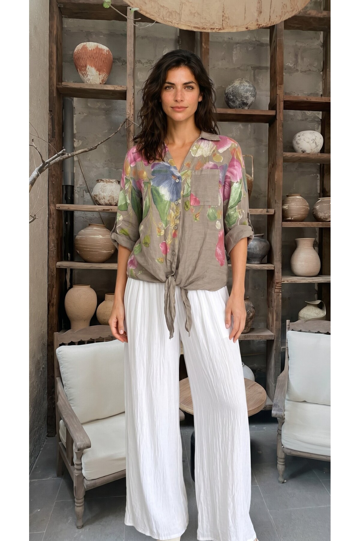 Flora İtalyan Floral Desenli Bağlamalı Linen Gömlek Fango
