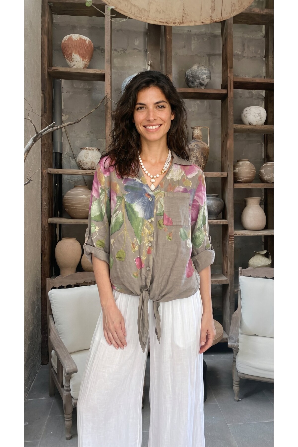 Flora İtalyan Floral Desenli Bağlamalı Linen Gömlek Fango