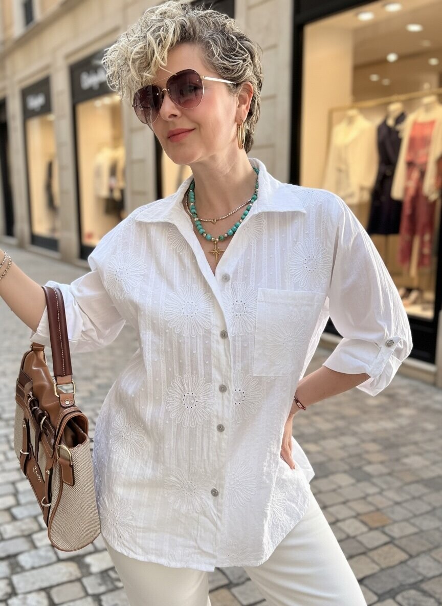 Gesso İtalyan Çiçek Fisto Detay Gömlek Beyaz