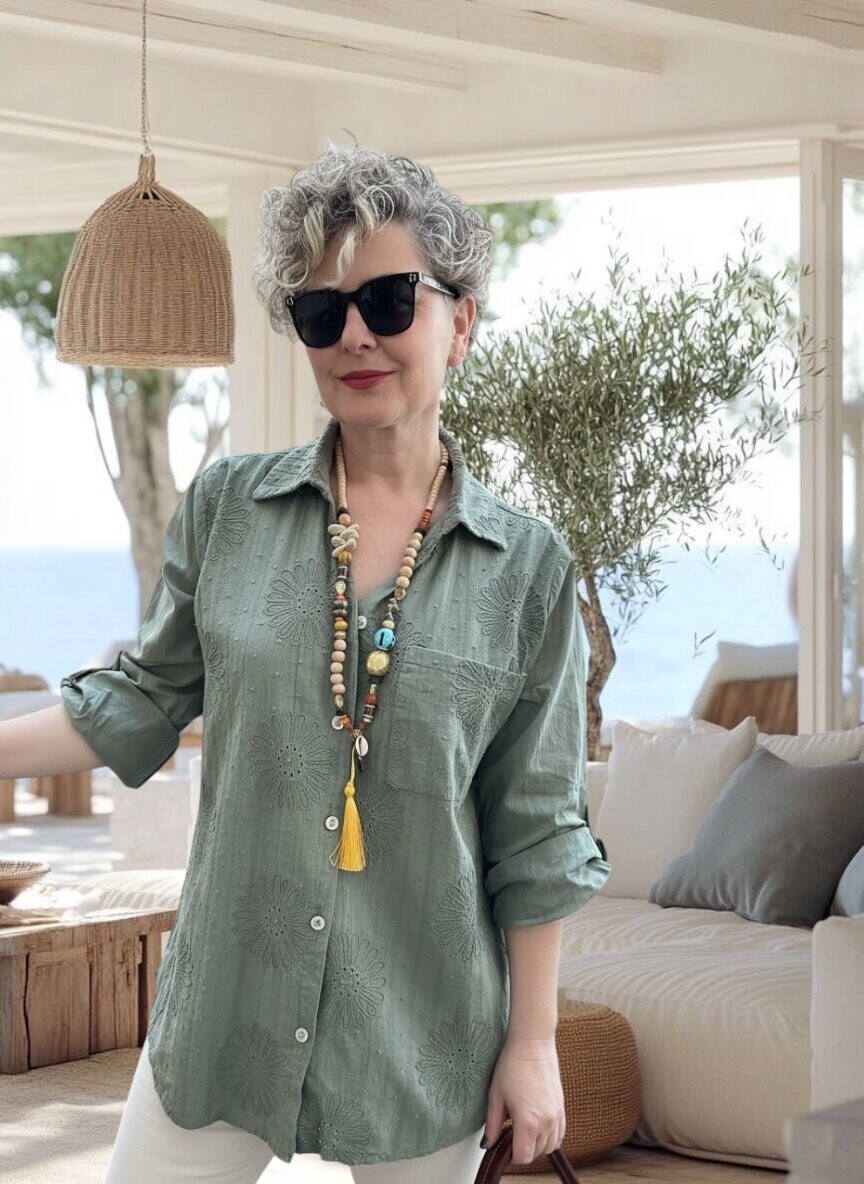 Gesso İtalyan Çiçek Fisto Detay Gömlek Haki