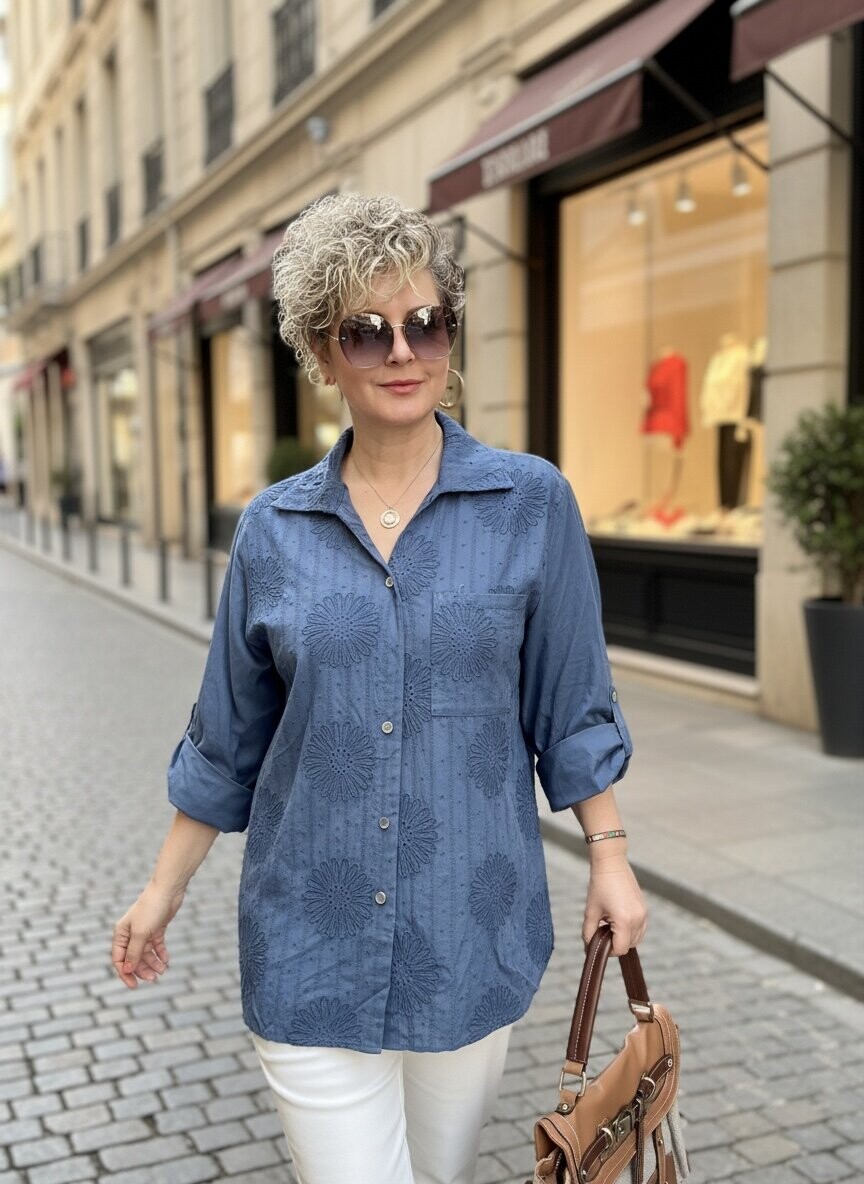 Gesso İtalyan Çiçek Fisto Detay Gömlek İndigo