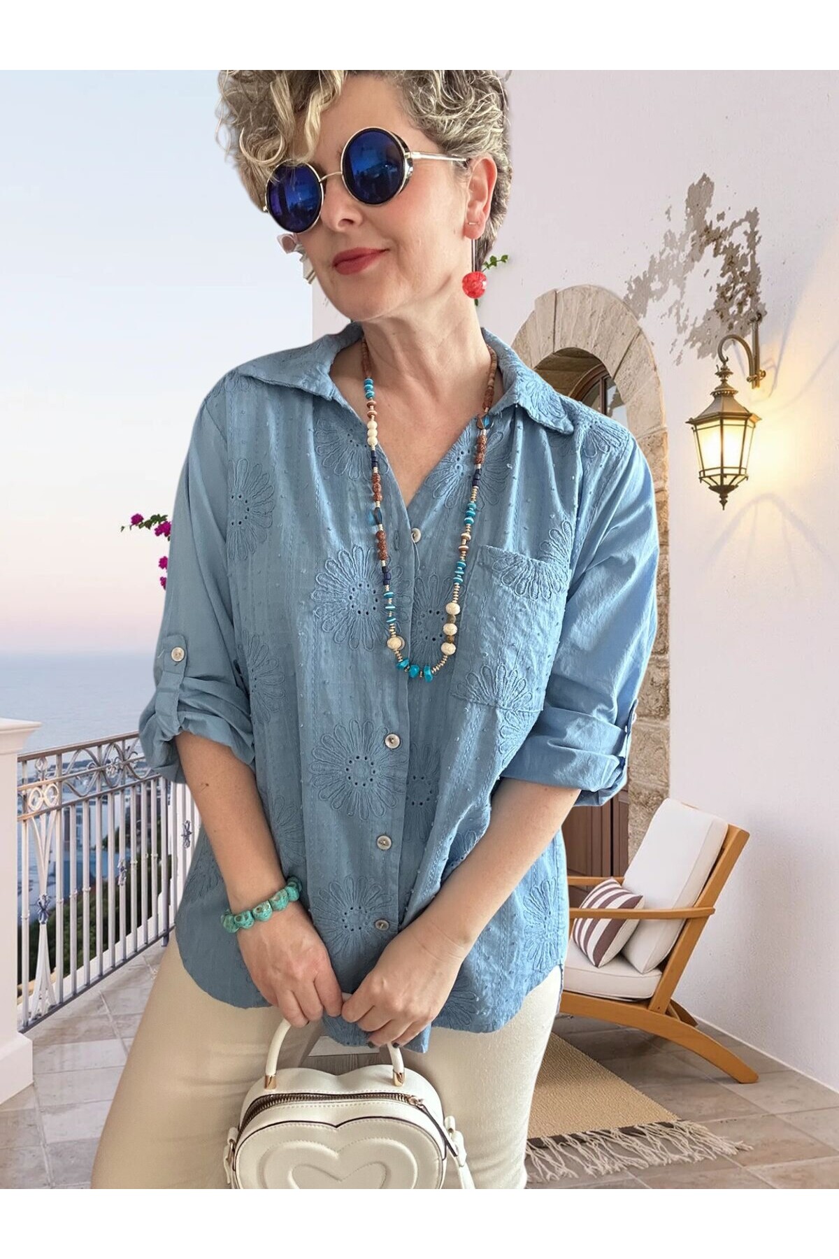 Gesso İtalyan Çiçek Fisto Detay Gömlek Mavi