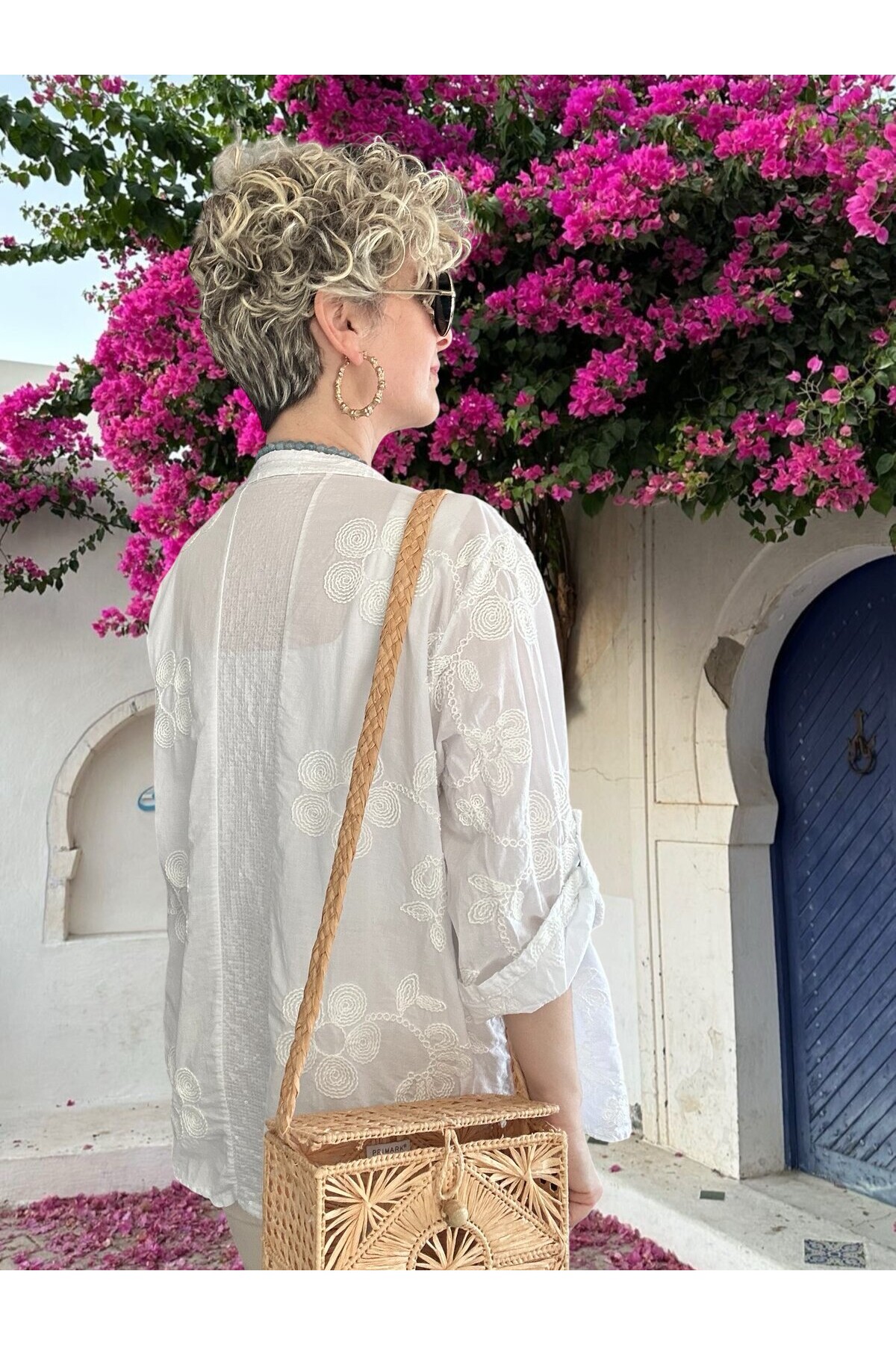 Getto İtalyan Çiçek Brode Detaylı Pamuk Gömlek Beyaz