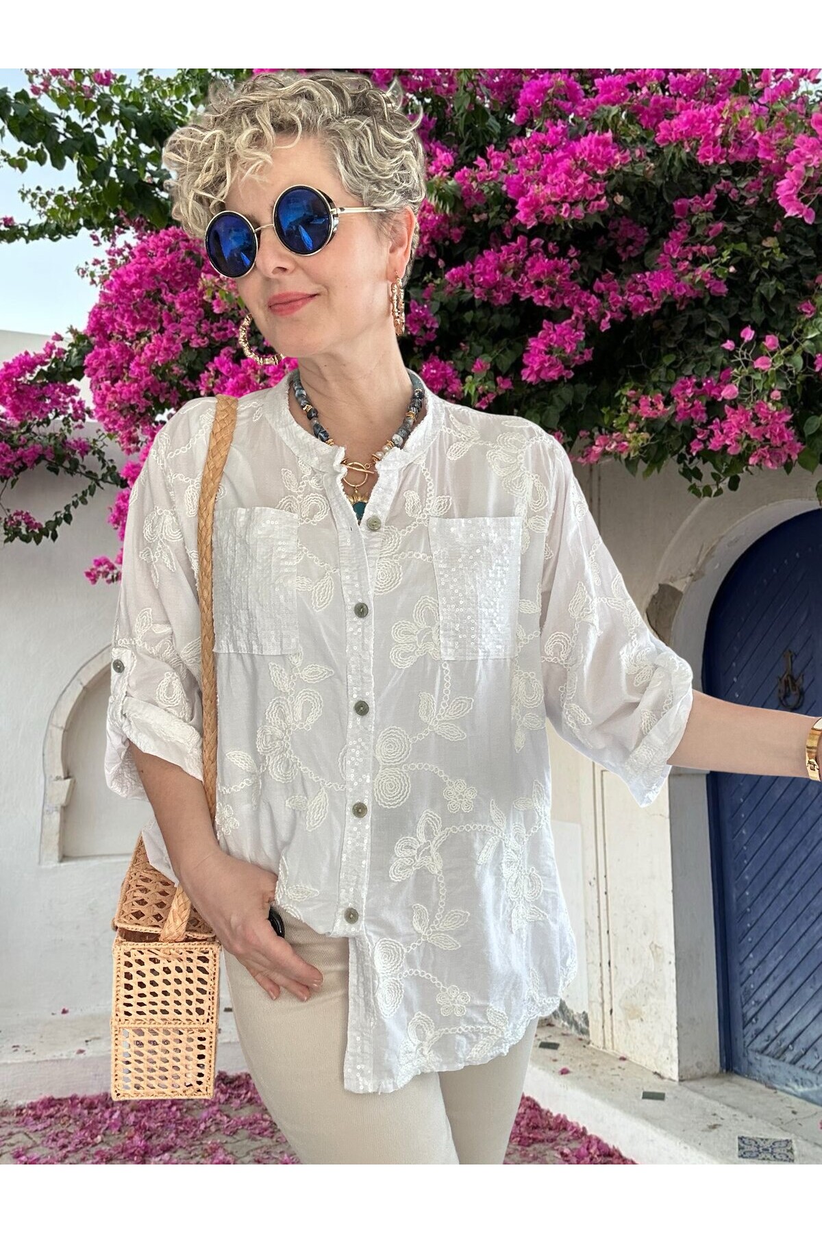 Getto İtalyan Çiçek Brode Detaylı Pamuk Gömlek Beyaz