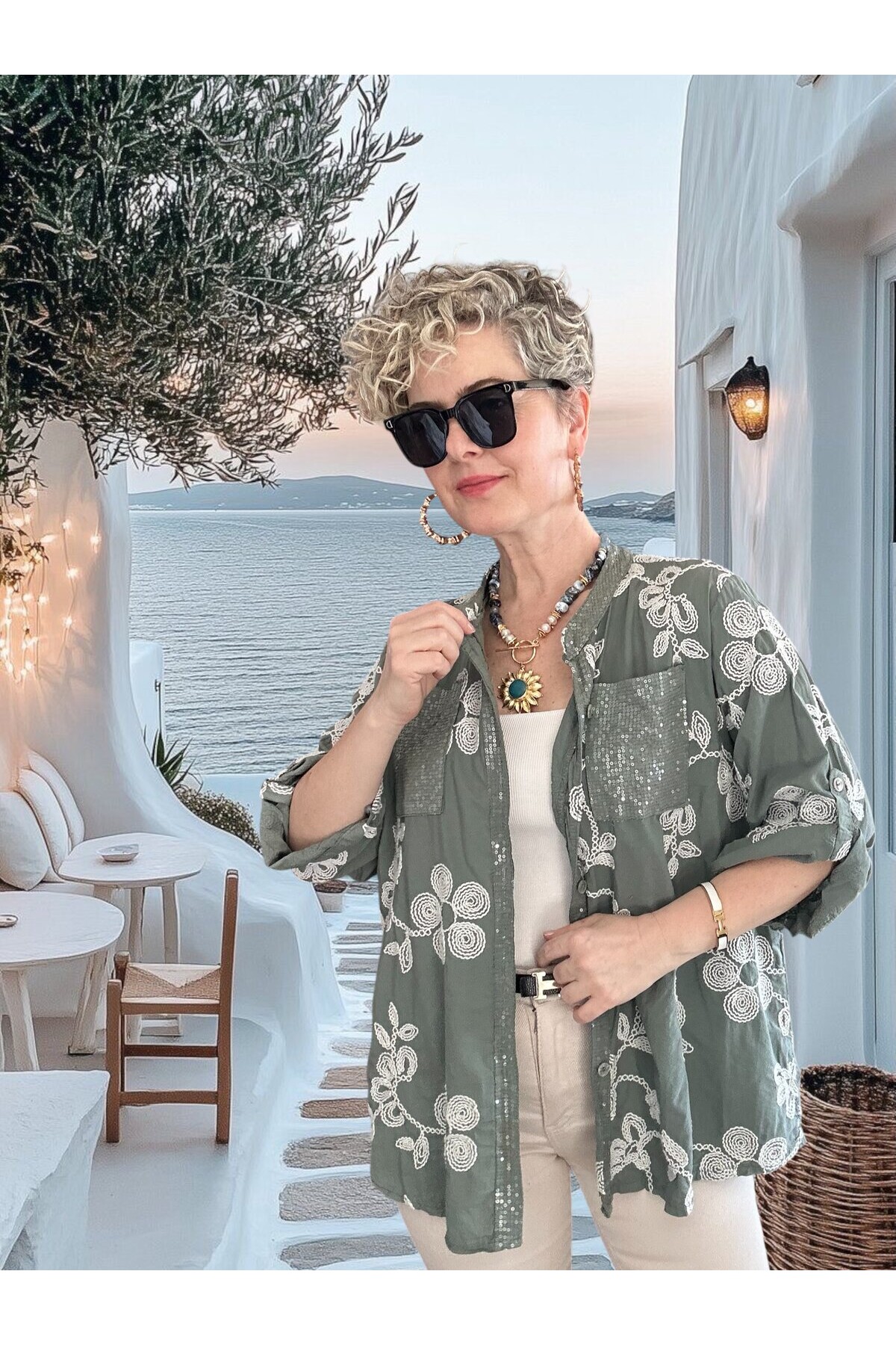 Getto İtalyan Çiçek Brode Detaylı Pamuk Gömlek Haki