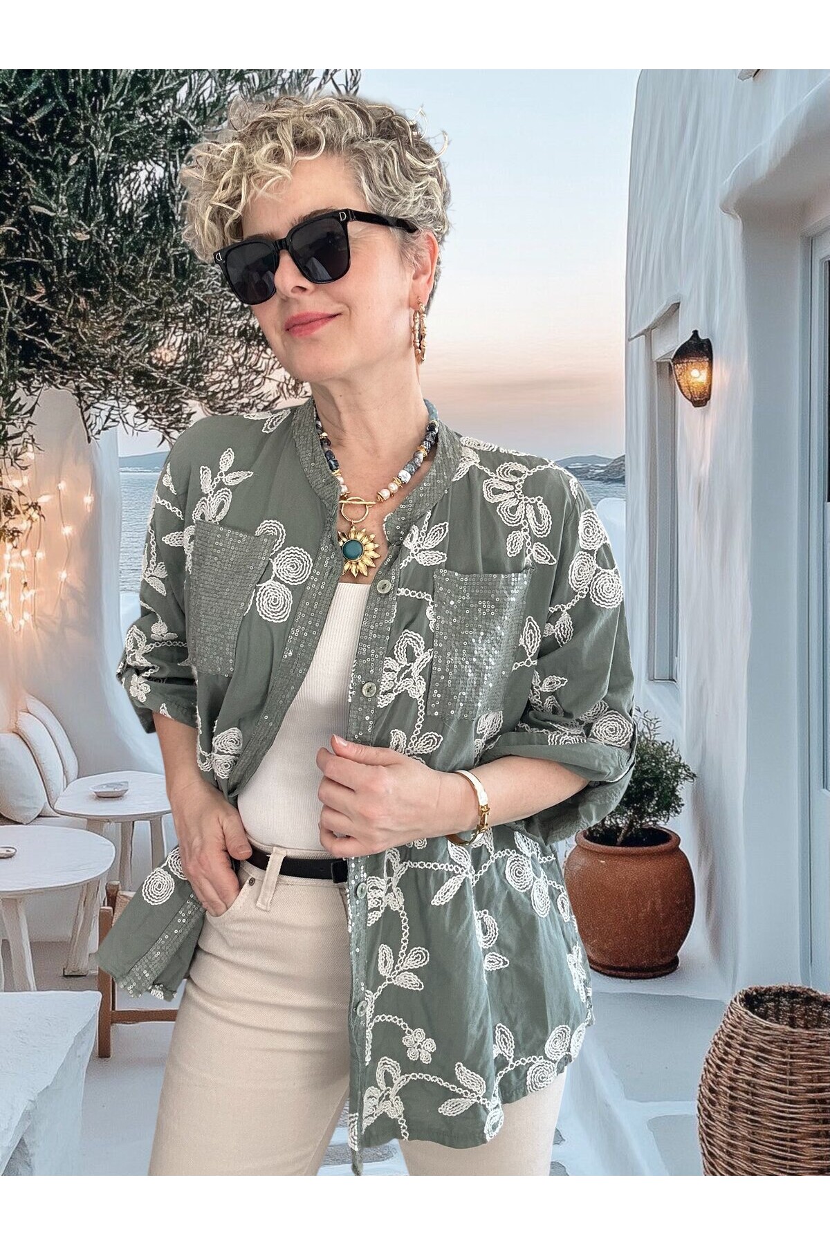 Getto İtalyan Çiçek Brode Detaylı Pamuk Gömlek Haki