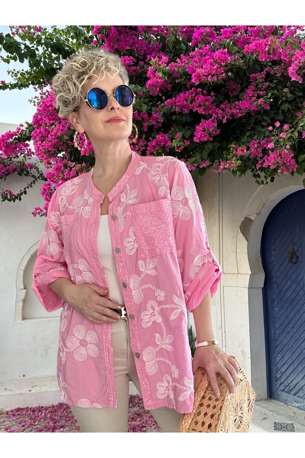 Getto İtalyan Çiçek Brode Detaylı Pamuk Gömlek Pembe