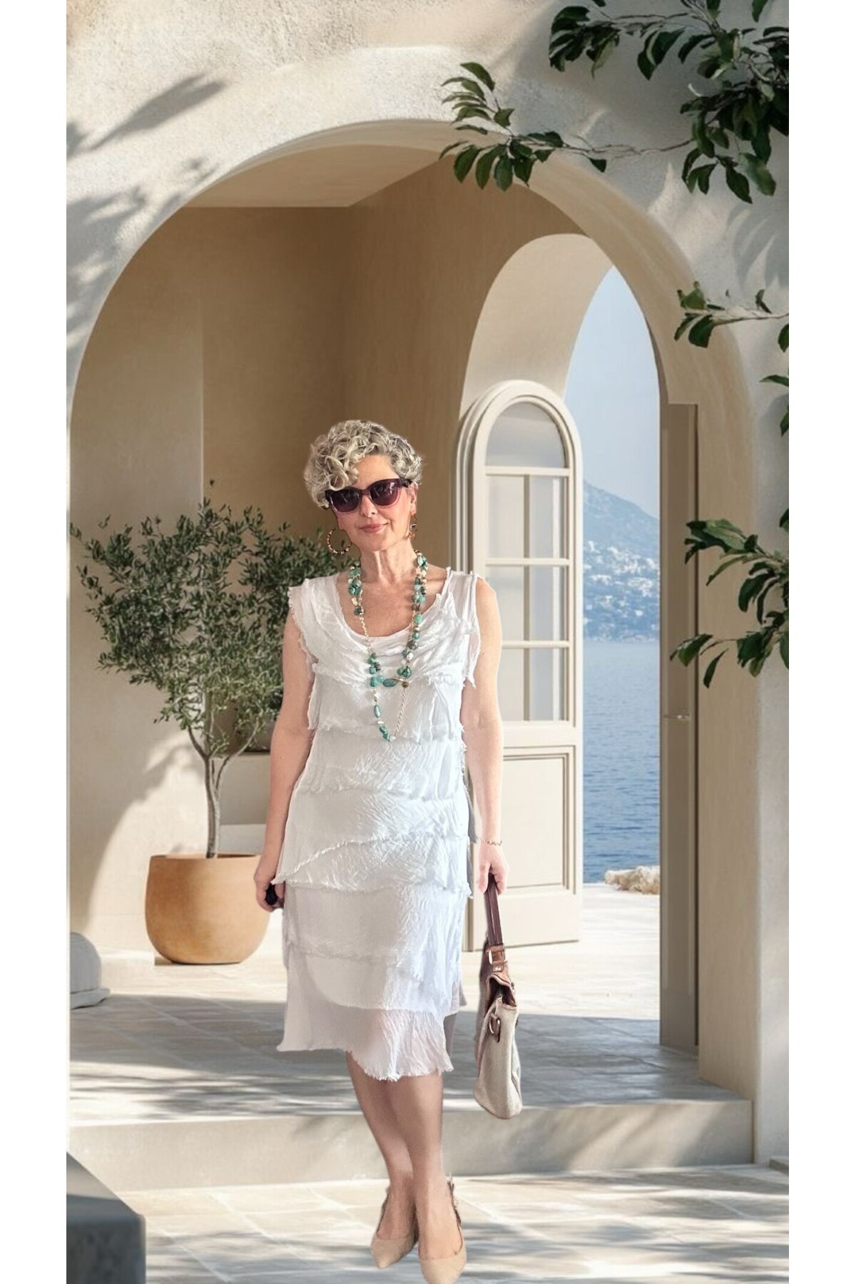 Ginza İthal Katmanlı İpek Tasarım Elbise Beyaz