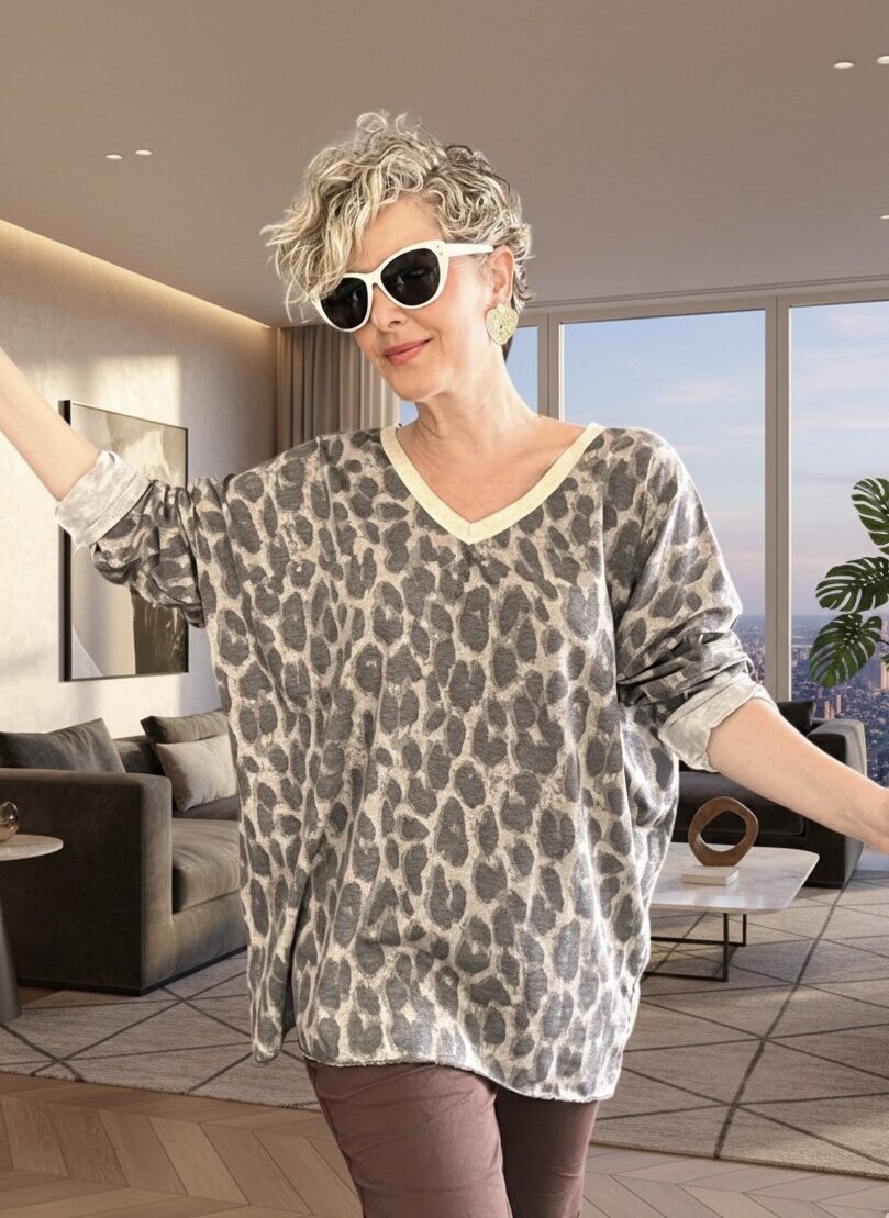 Hanna İtalyan Leopar Desen Simli Bluz Vizon