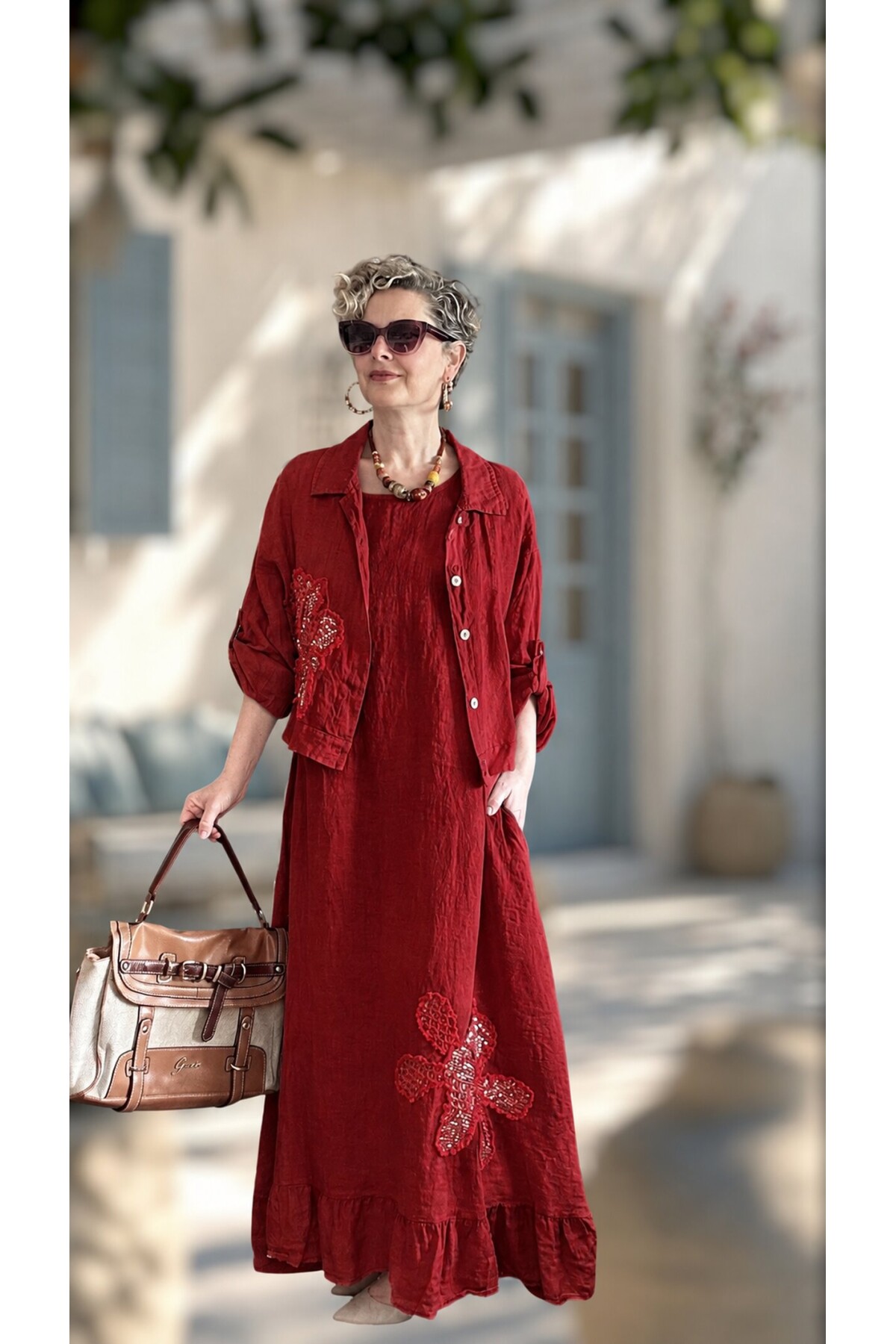 Kubba İthal %100 Linen Ceket & Kolsuz Elbise Takımı Papatya Bordo
