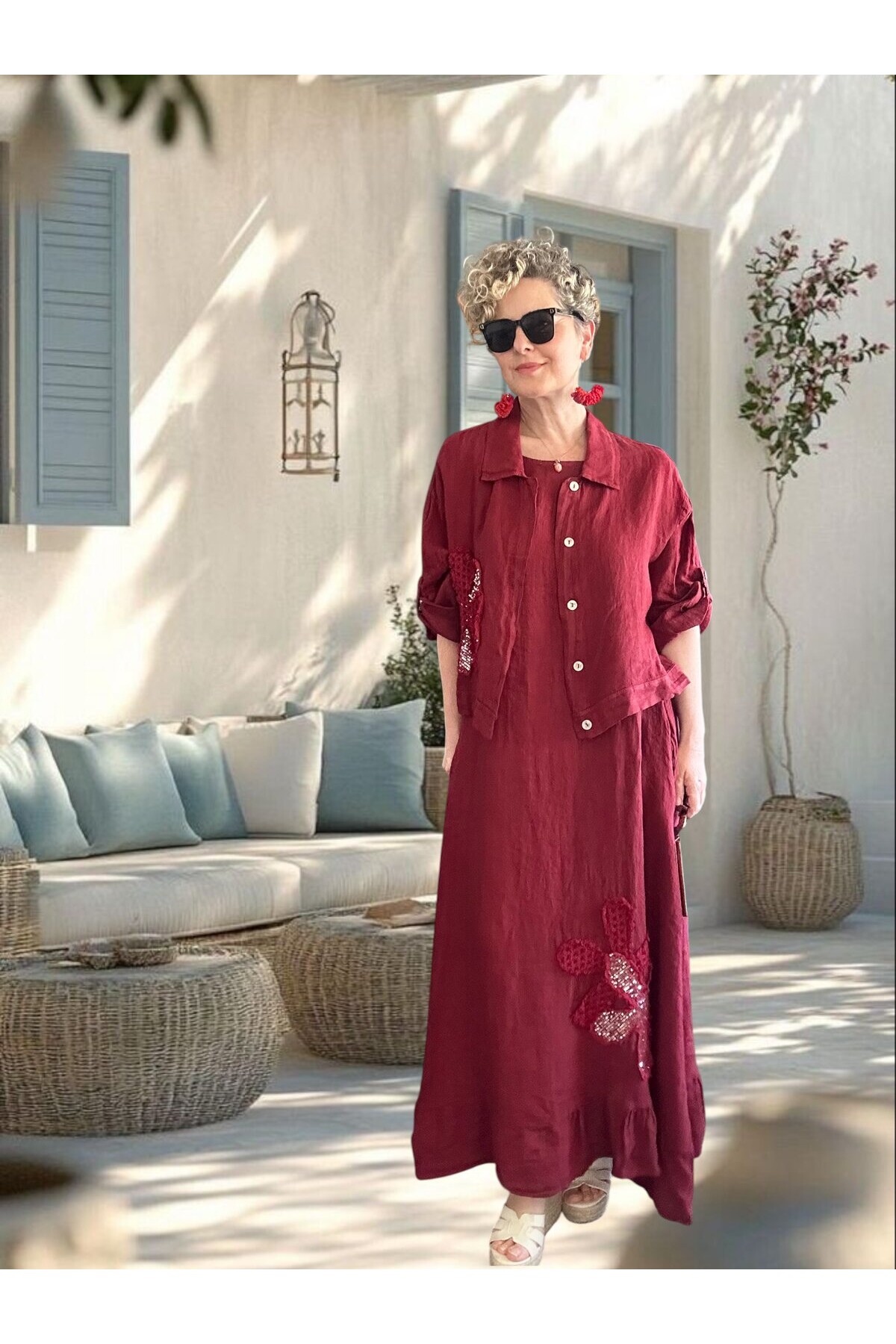 Kubba İthal %100 Linen Ceket & Kolsuz Elbise Takımı Papatya Bordo