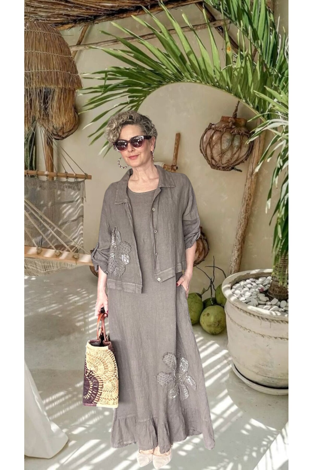 Kubba İthal %100 Linen Ceket & Kolsuz Elbise Takımı Papatya Fango