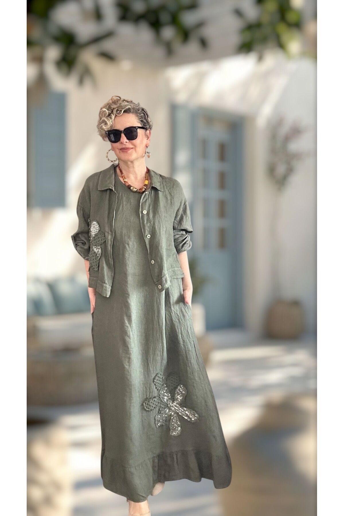 Kubba İthal %100 Linen Ceket & Kolsuz Elbise Takımı Papatya Haki