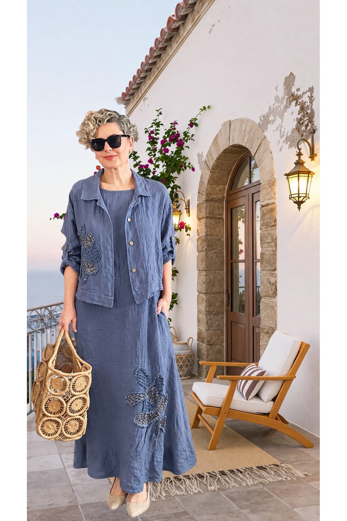 Kubba İthal %100 Linen Ceket & Kolsuz Elbise Takımı Papatya İndigo