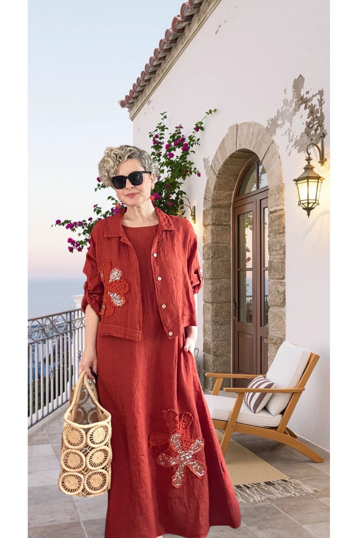 Kubba İthal %100 Linen Ceket & Kolsuz Elbise Takımı Papatya Kiremit