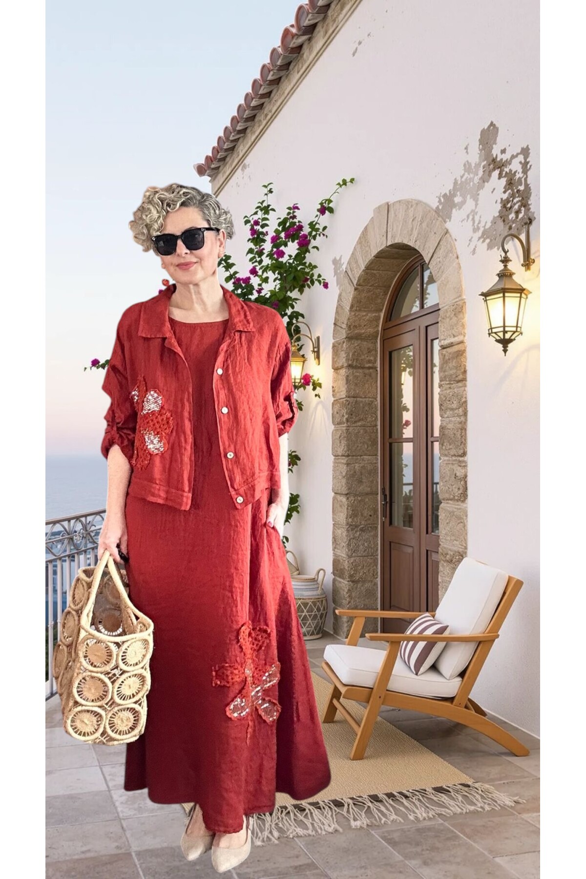 Kubba İthal %100 Linen Ceket & Kolsuz Elbise Takımı Papatya Kiremit