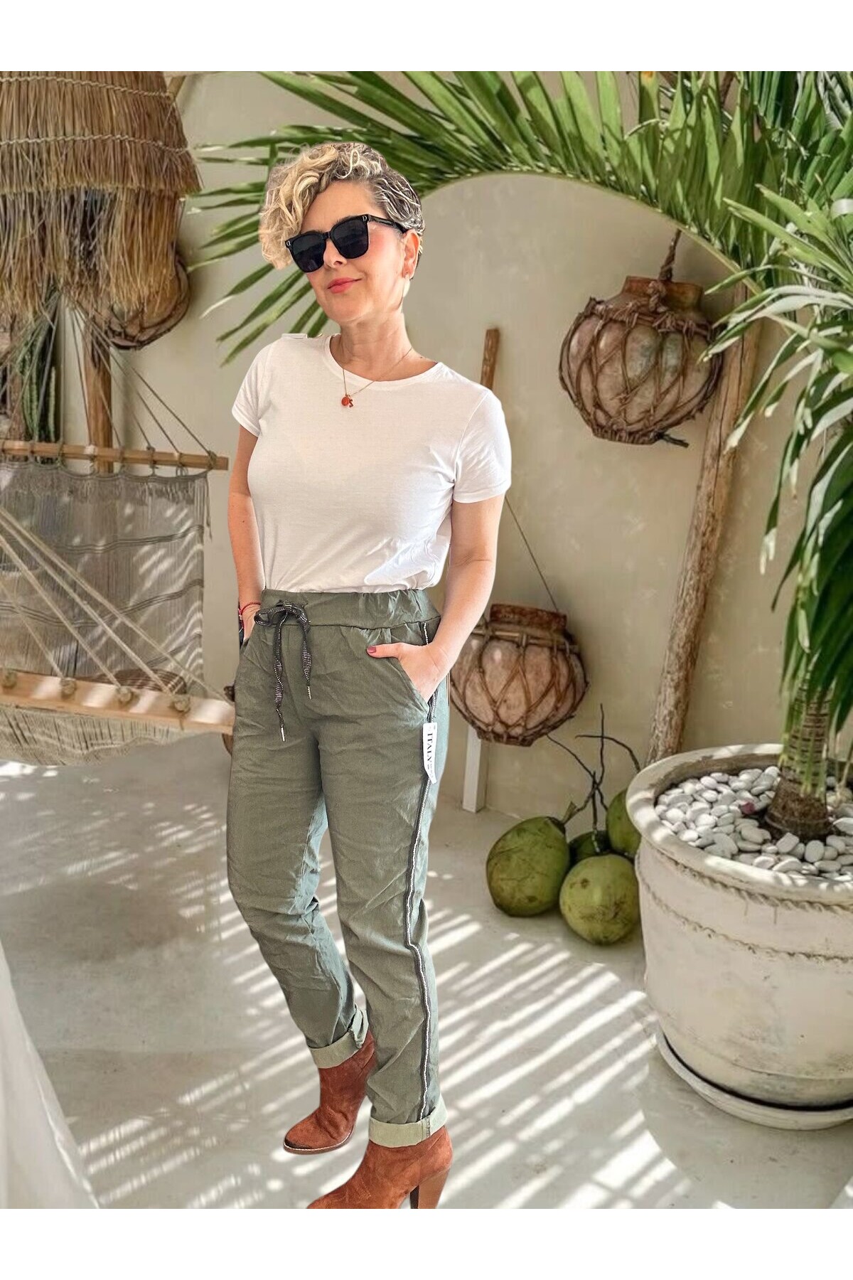 Lecce İtalyan Sihirli İnce Taş Şerit Detay Pantalon Haki