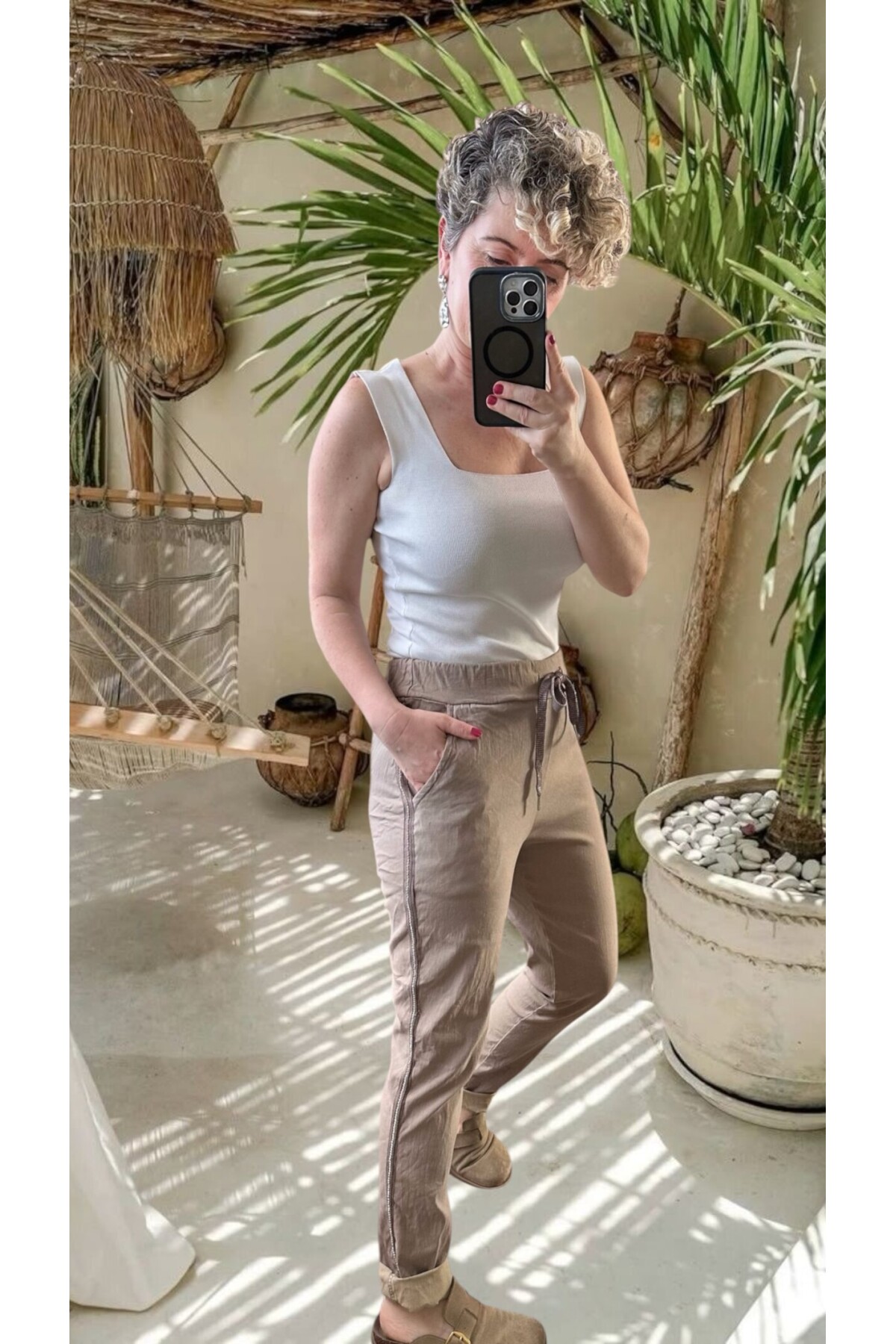 Lecce İtalyan Sihirli İnce Taş Şerit Detay Pantalon Vizon