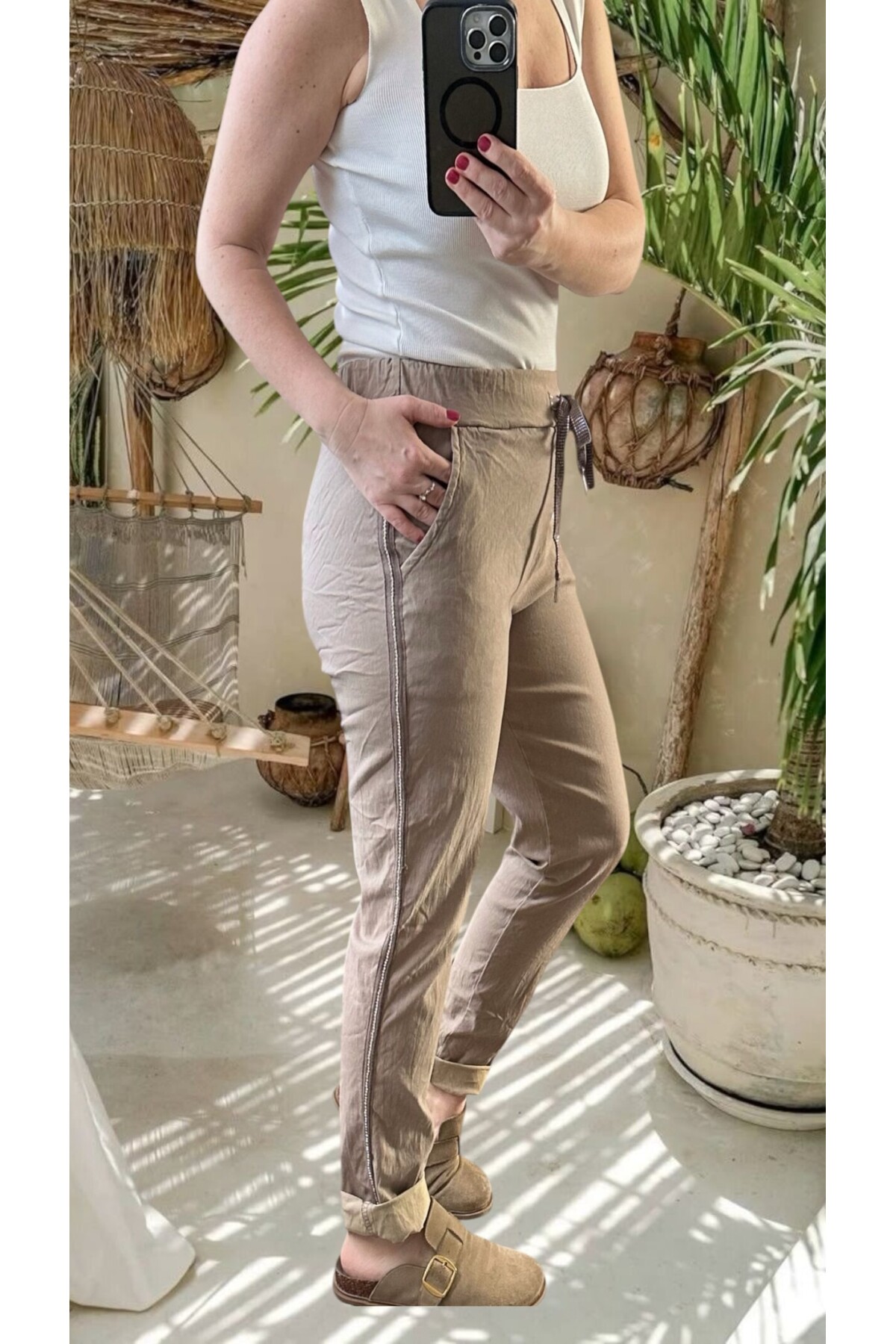 Lecce İtalyan Sihirli İnce Taş Şerit Detay Pantalon Vizon