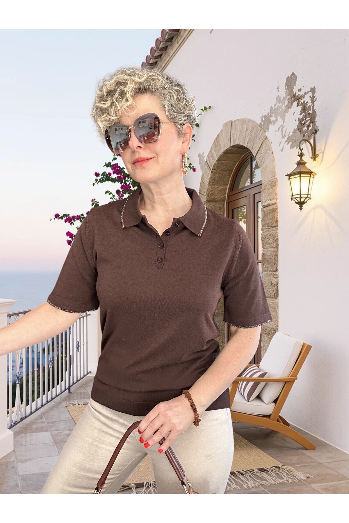 Lino Sim Şeritli Artizan Polo Yaka Triko Bluz Kahve