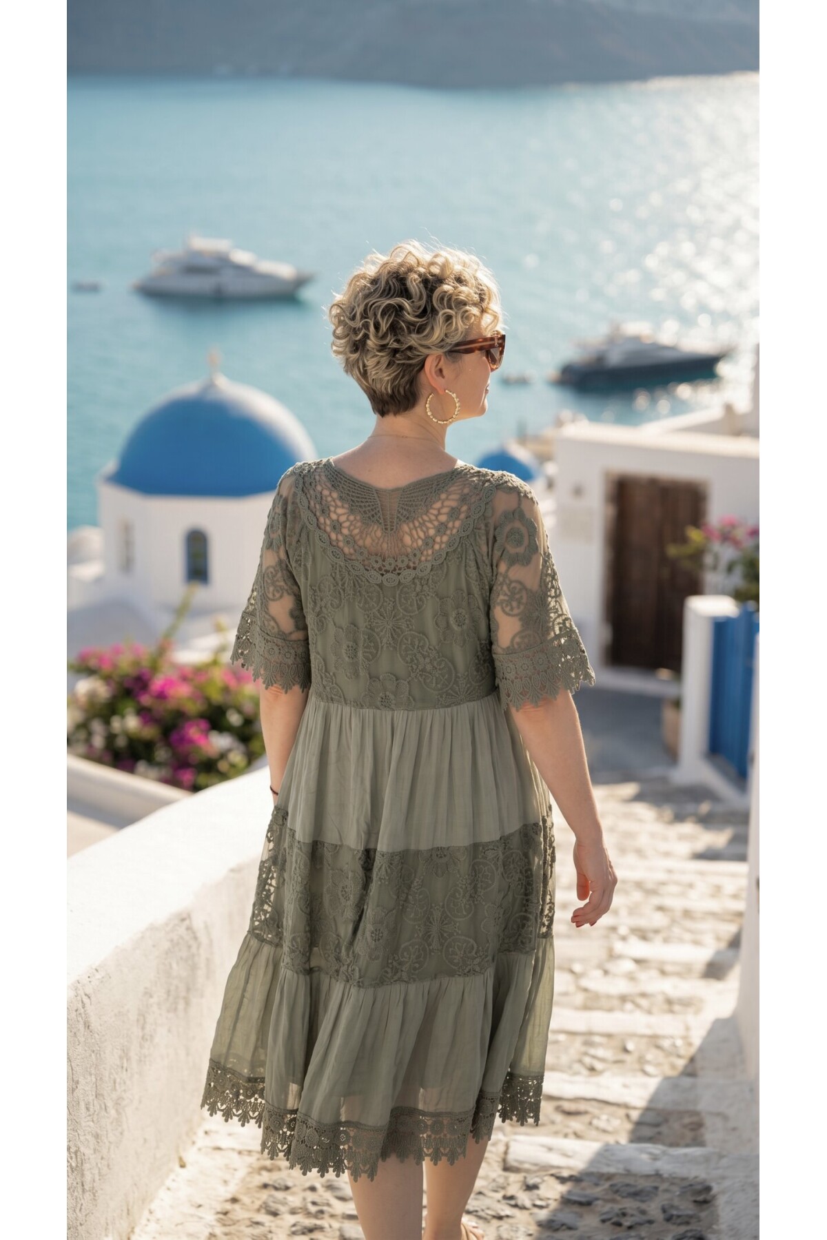 Lorea | Dantel Detaylı Katmanlı Vintage Elbise Haki