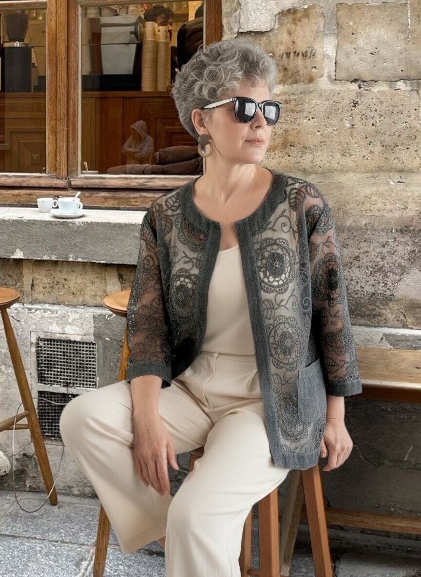 Lunna İtalyan Dantel Nakışlı Ceket Antrasit