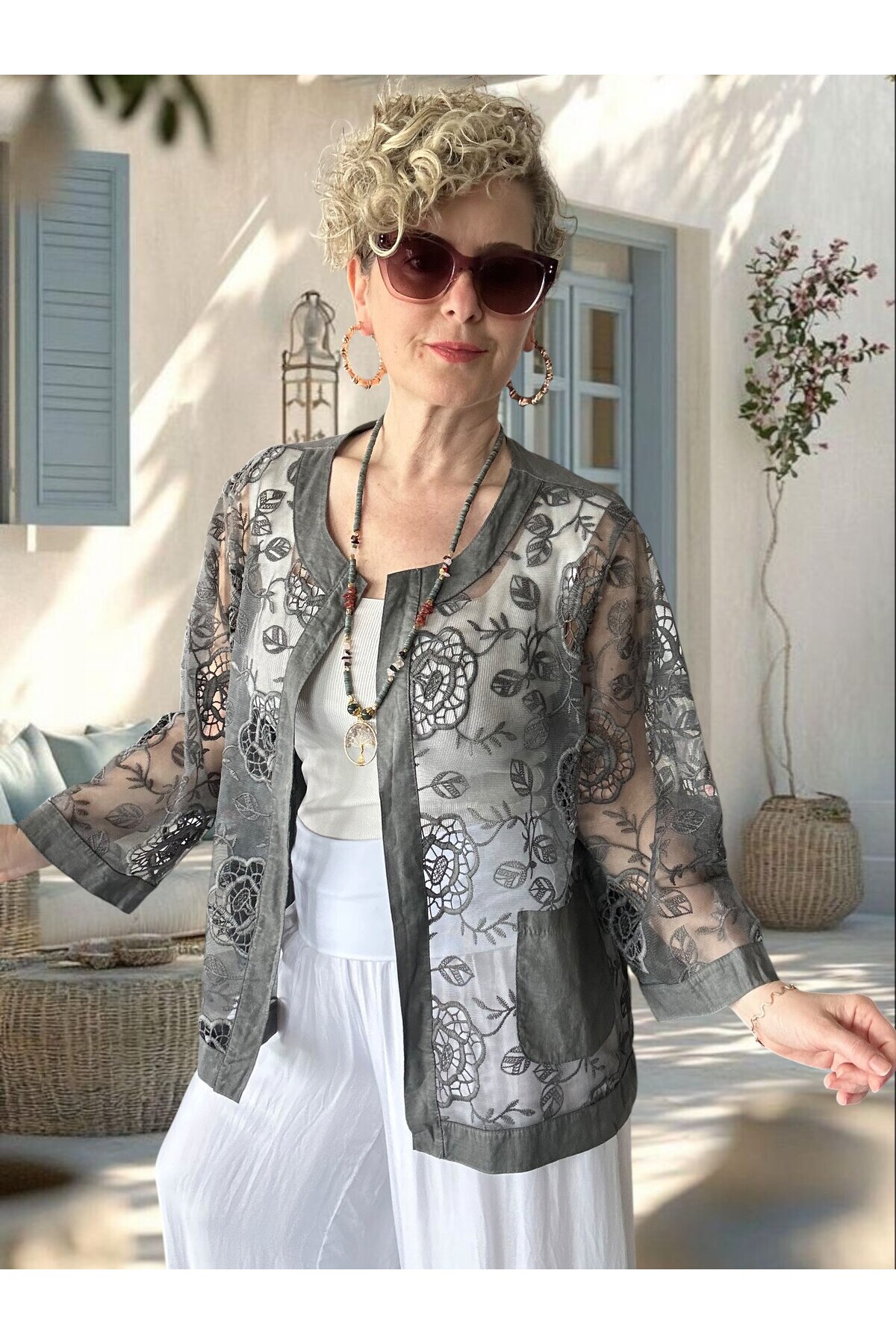 Lunna İtalyan Dantel Nakışlı Ceket Gri