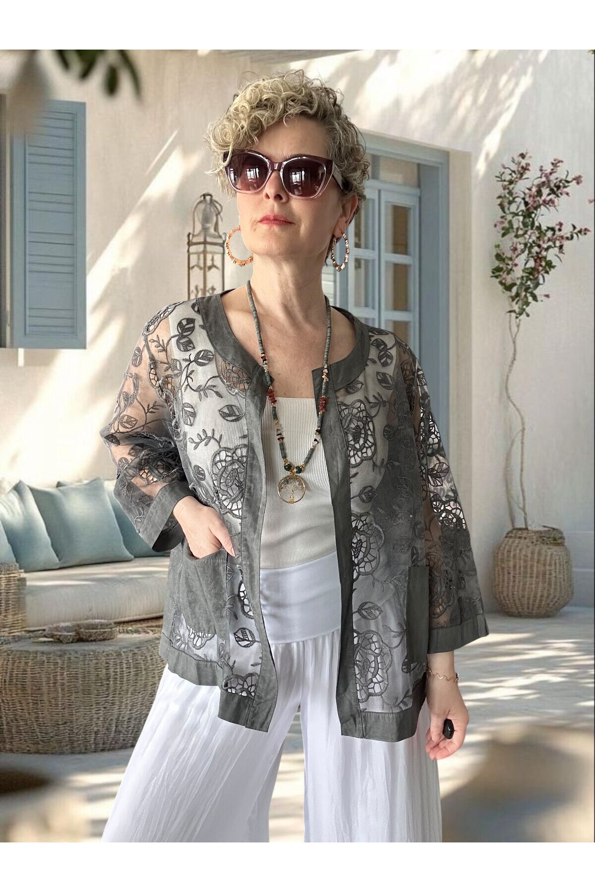 Lunna İtalyan Dantel Nakışlı Ceket Gri