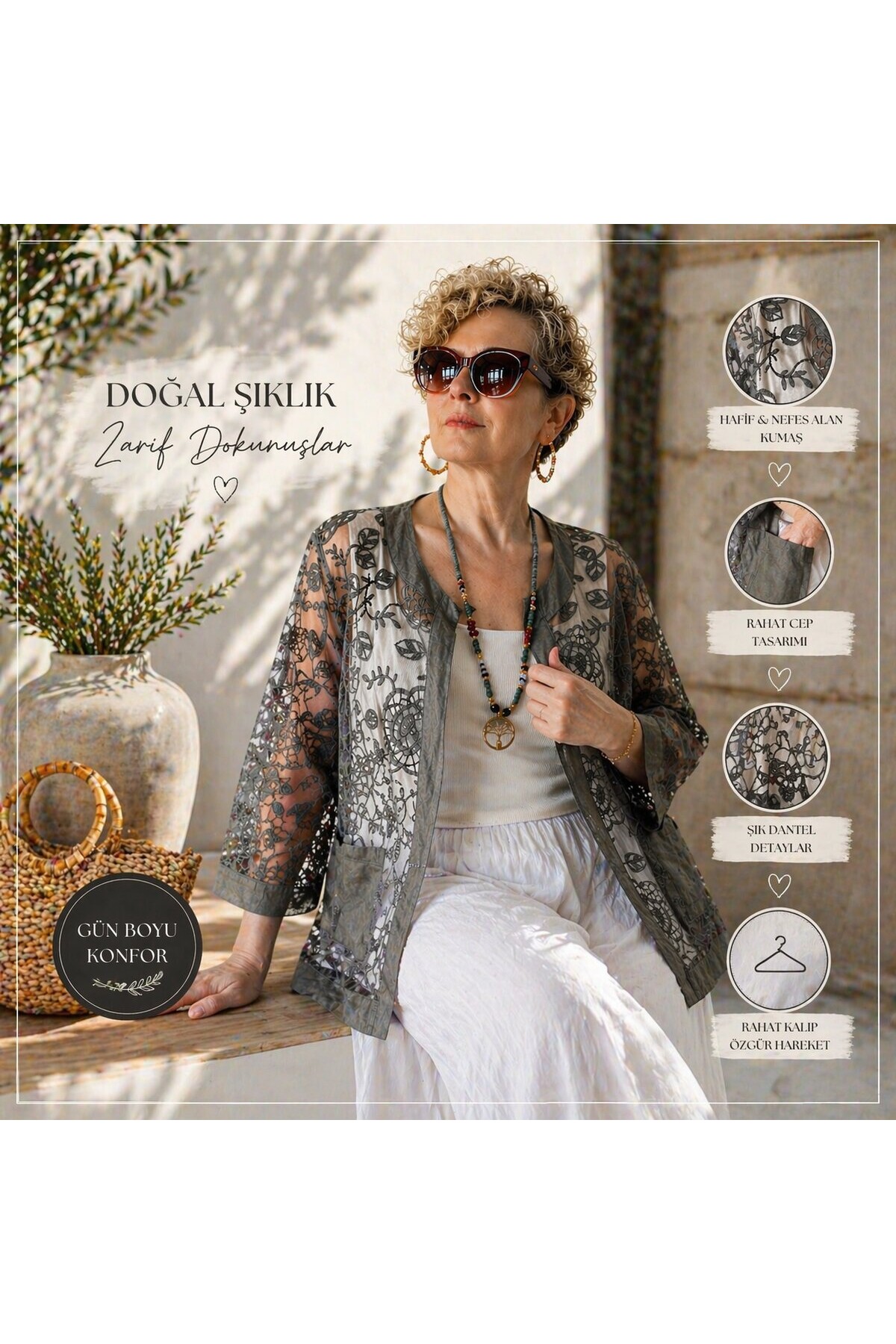 Lunna İtalyan Dantel Nakışlı Ceket Gri