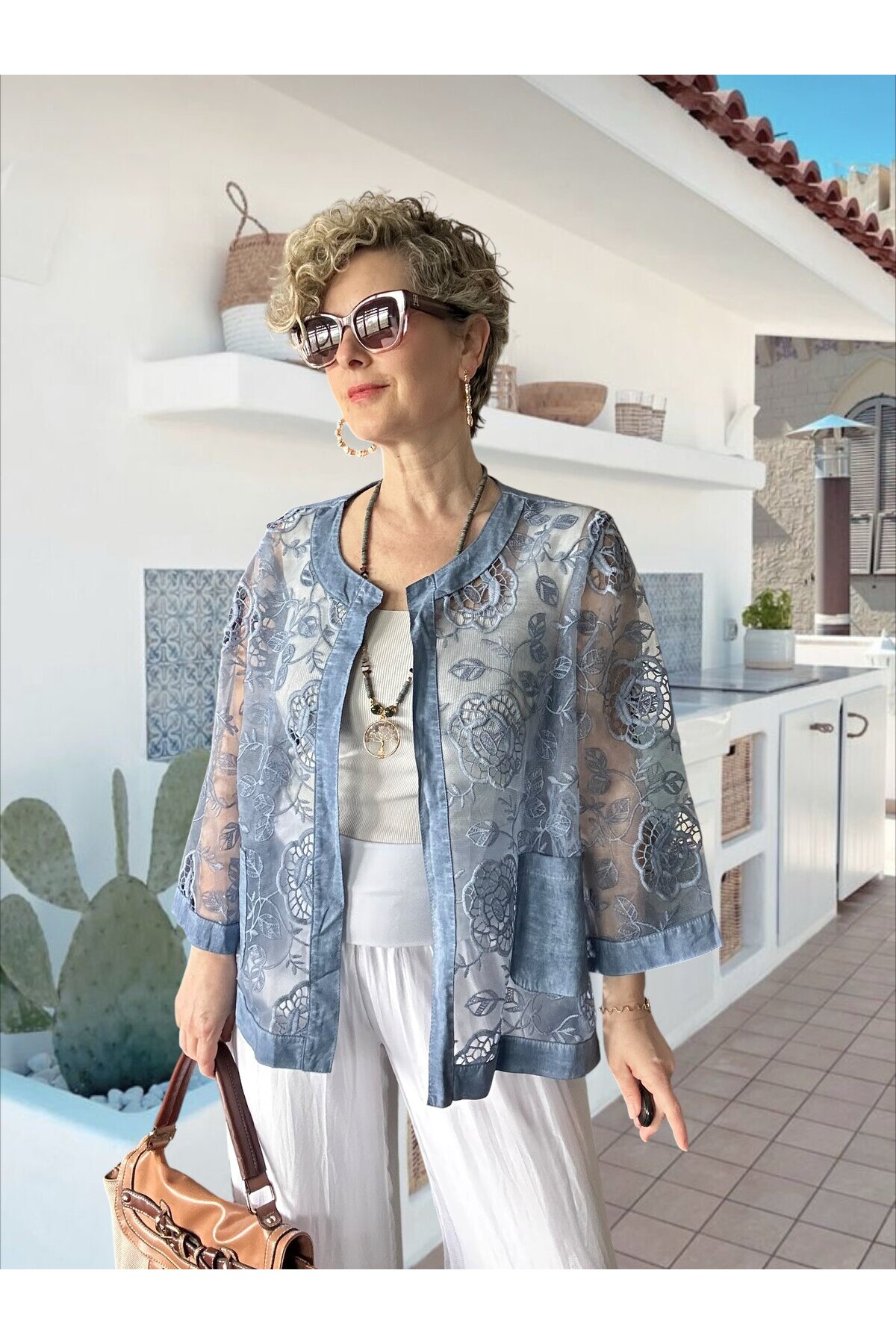 Lunna İtalyan Dantel Nakışlı Ceket İndigo