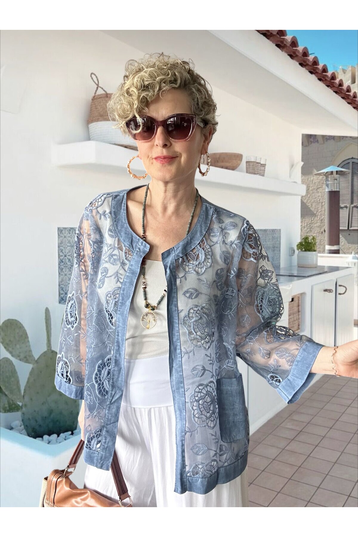 Lunna İtalyan Dantel Nakışlı Ceket İndigo