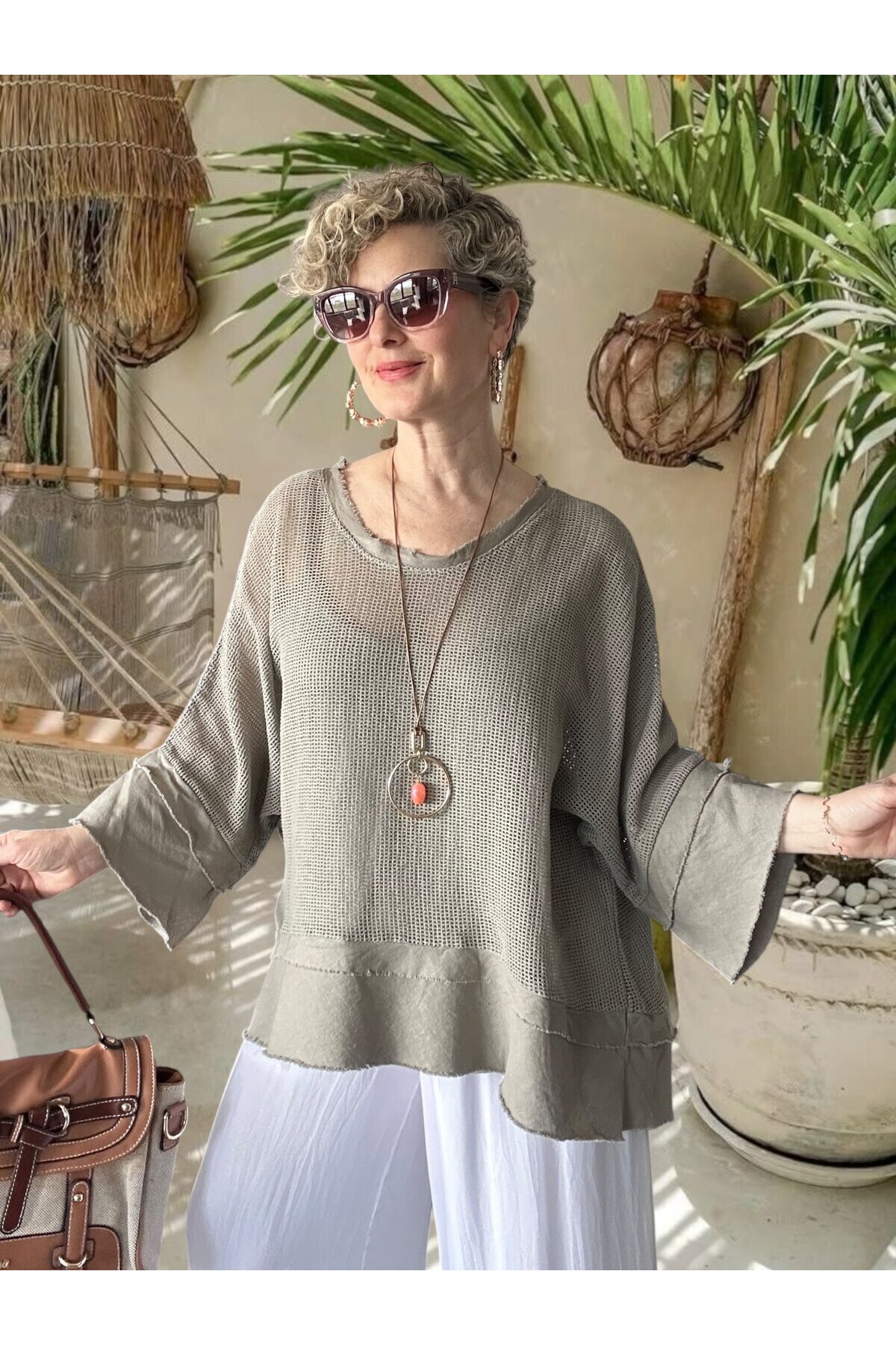 Maggli İthal Geniş Kol File Bluz & Atlet Seti (Kolyeli) Fango