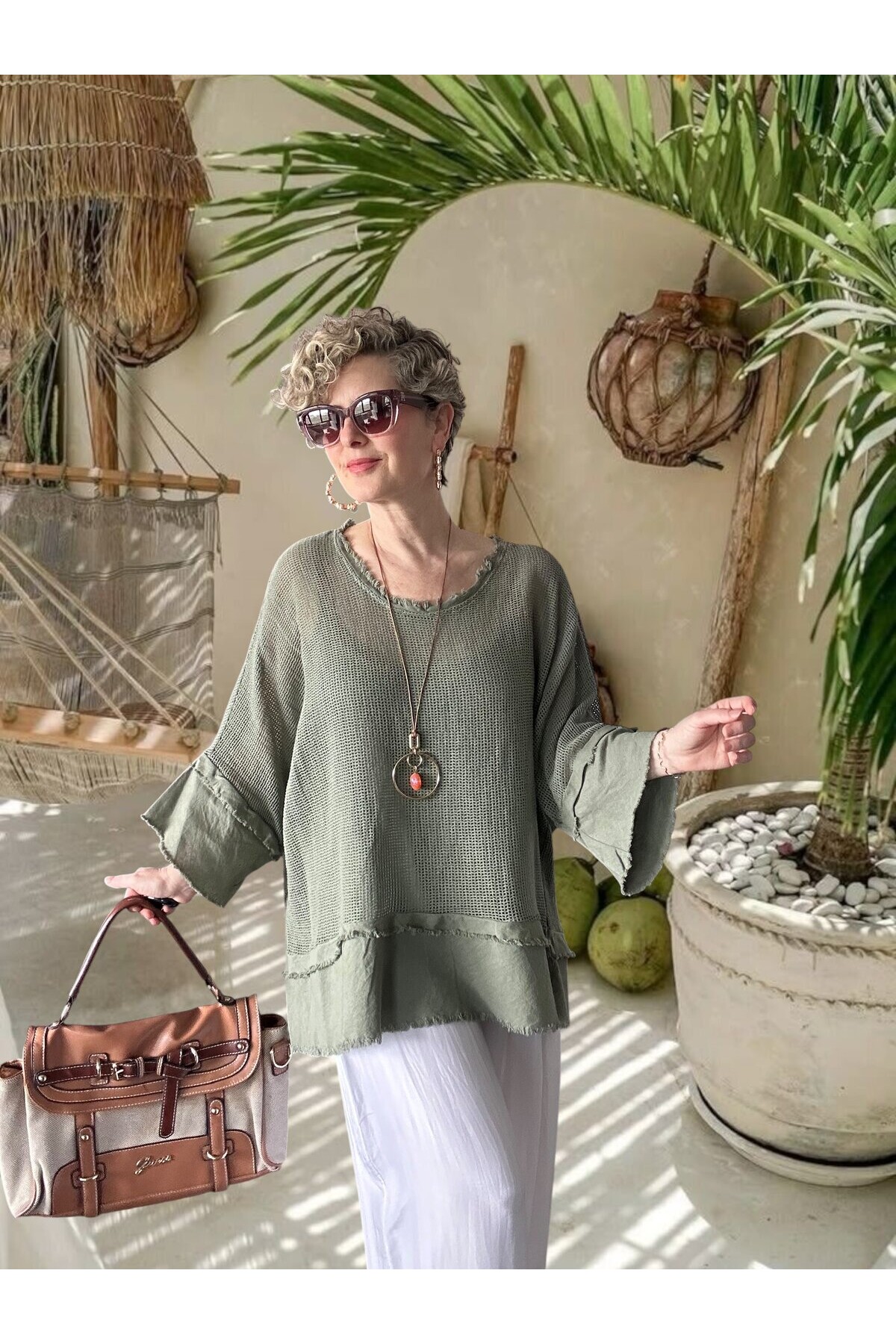 Maggli İthal Geniş Kol File Bluz & Atlet Seti (Kolyeli) Haki