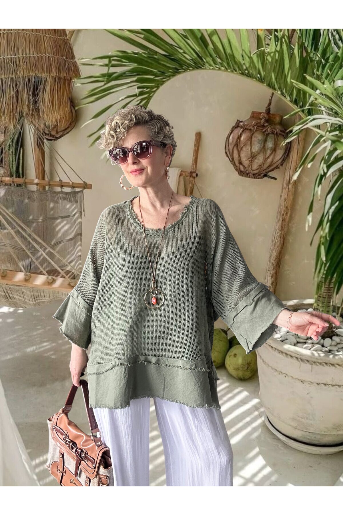 Maggli İthal Geniş Kol File Bluz & Atlet Seti (Kolyeli) Haki