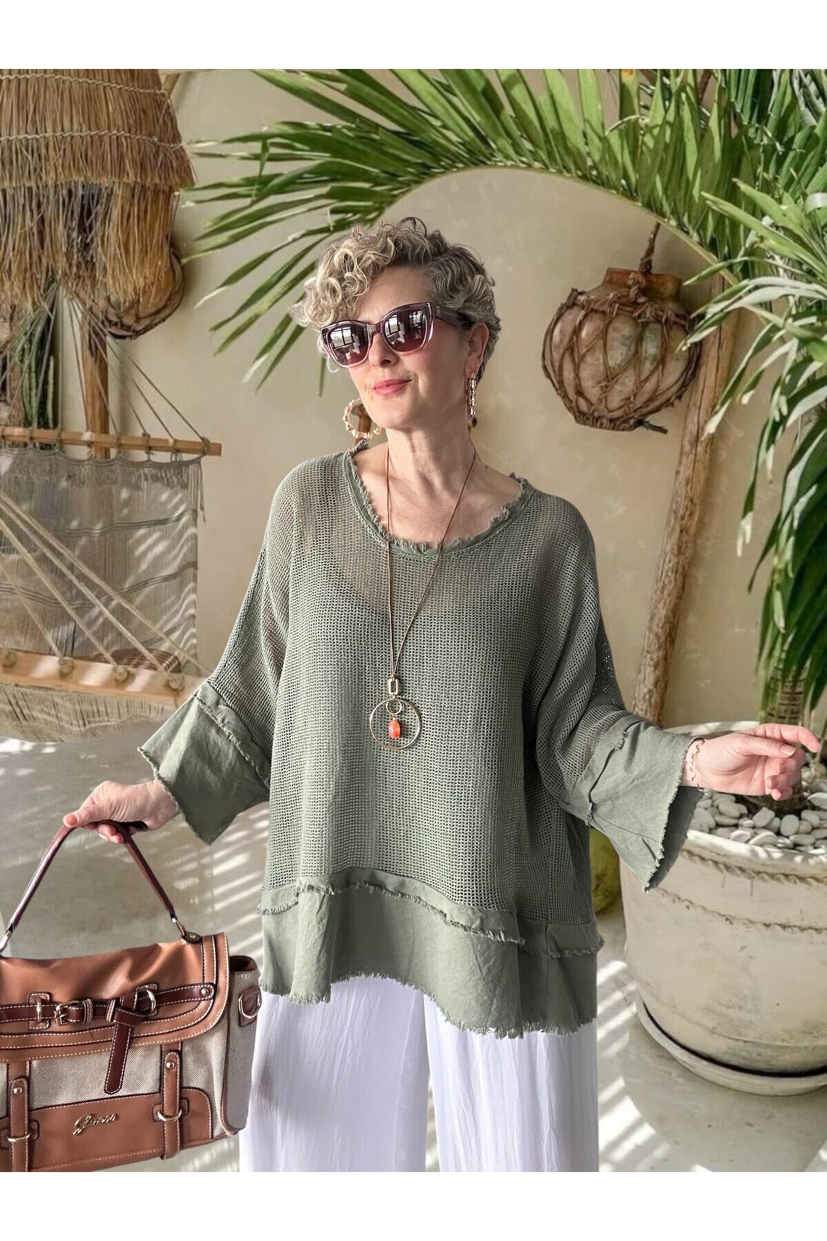 Maggli İthal Geniş Kol File Bluz & Atlet Seti (Kolyeli) Haki