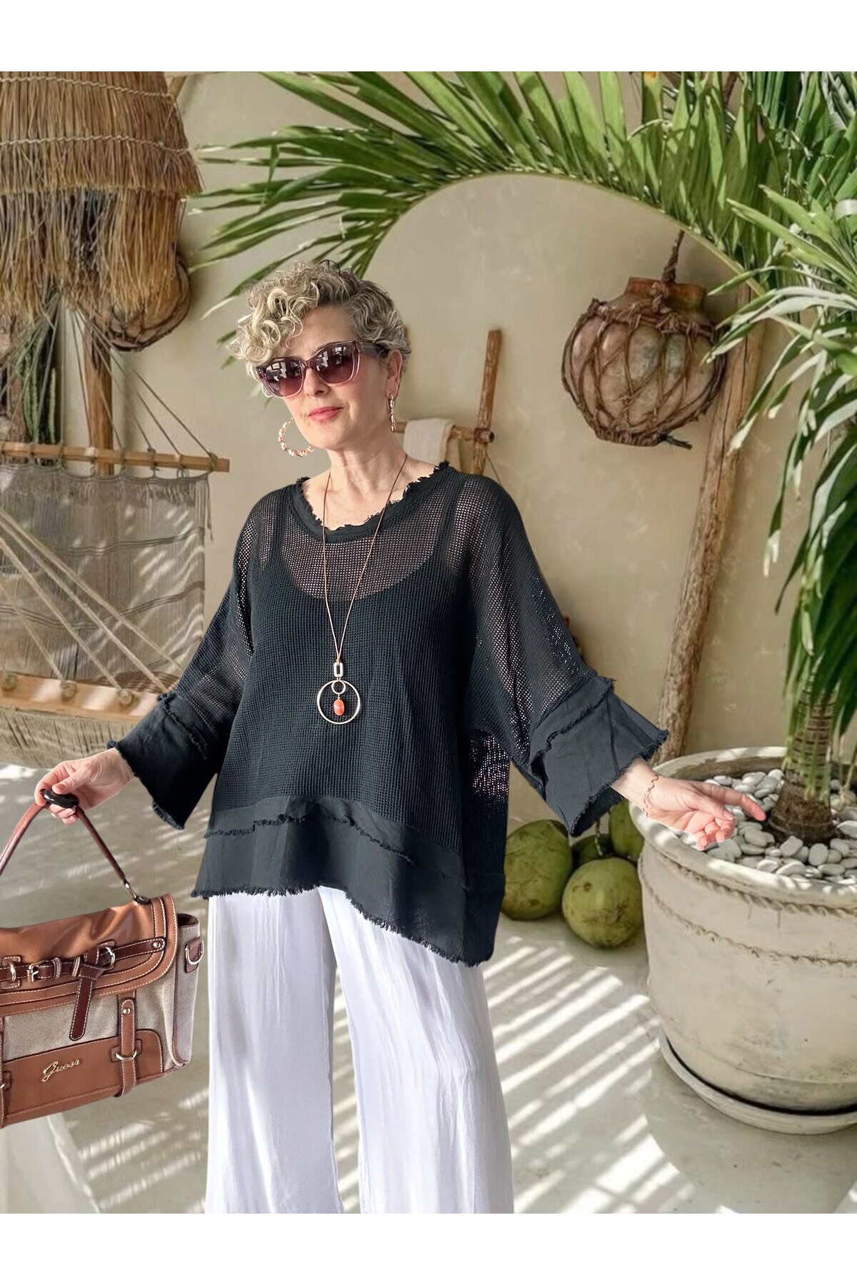 Maggli İthal Geniş Kol File Bluz & Atlet Seti (Kolyeli) Siyah