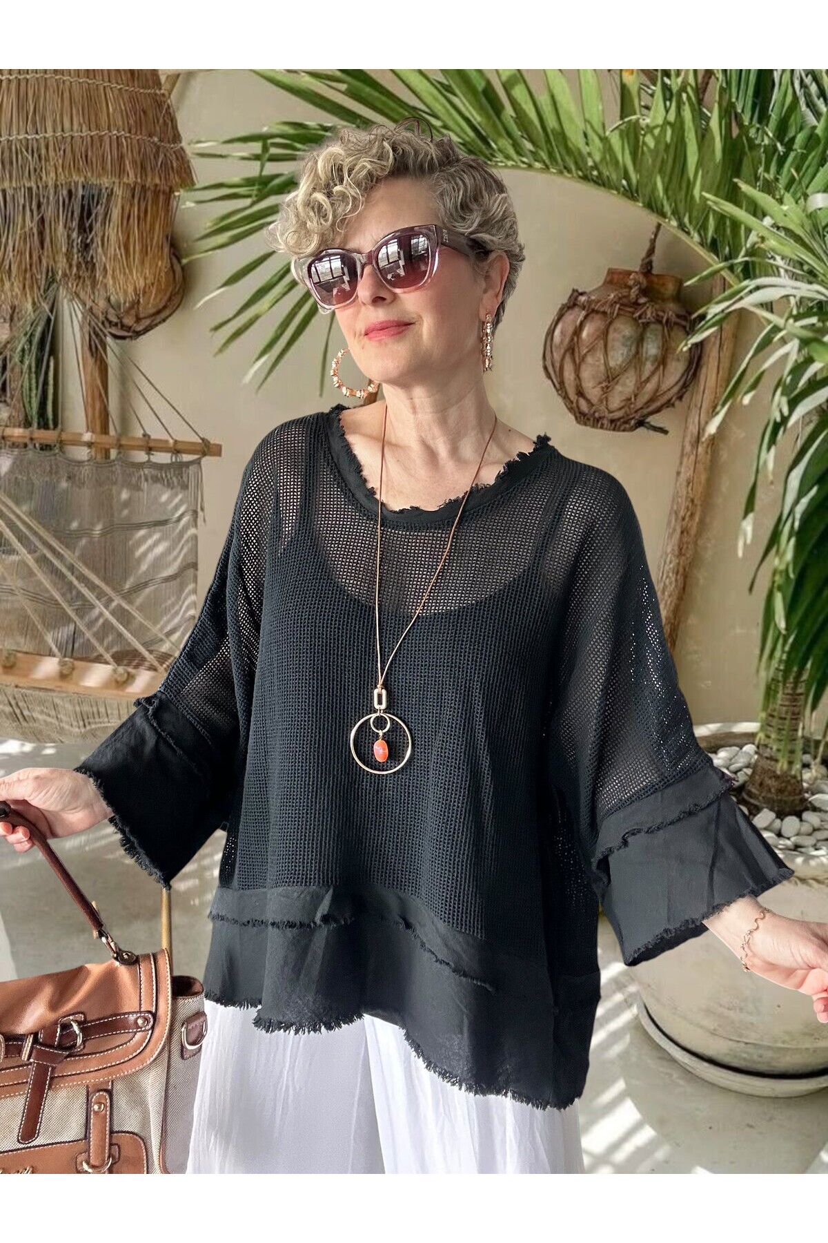 Maggli İthal Geniş Kol File Bluz & Atlet Seti (Kolyeli) Siyah