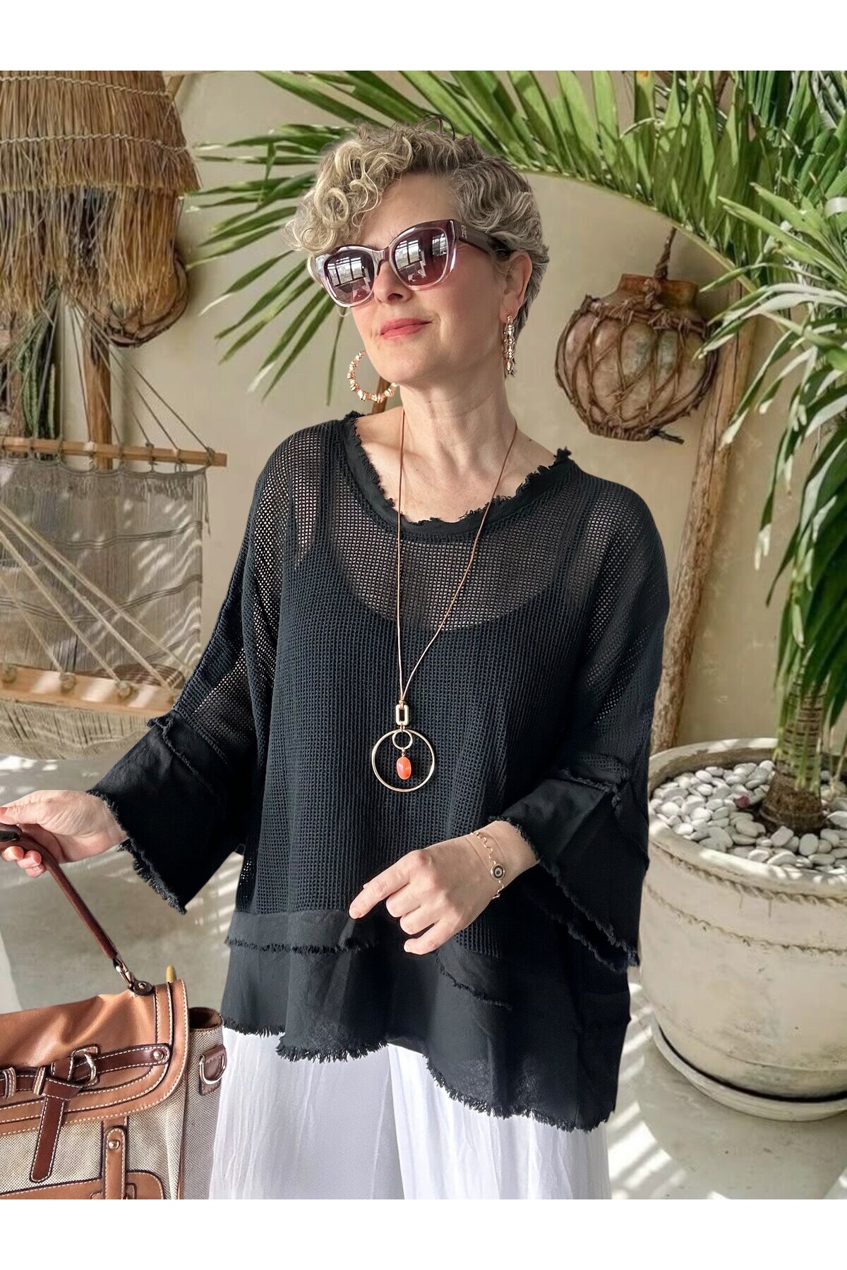 Maggli İthal Geniş Kol File Bluz & Atlet Seti (Kolyeli) Siyah