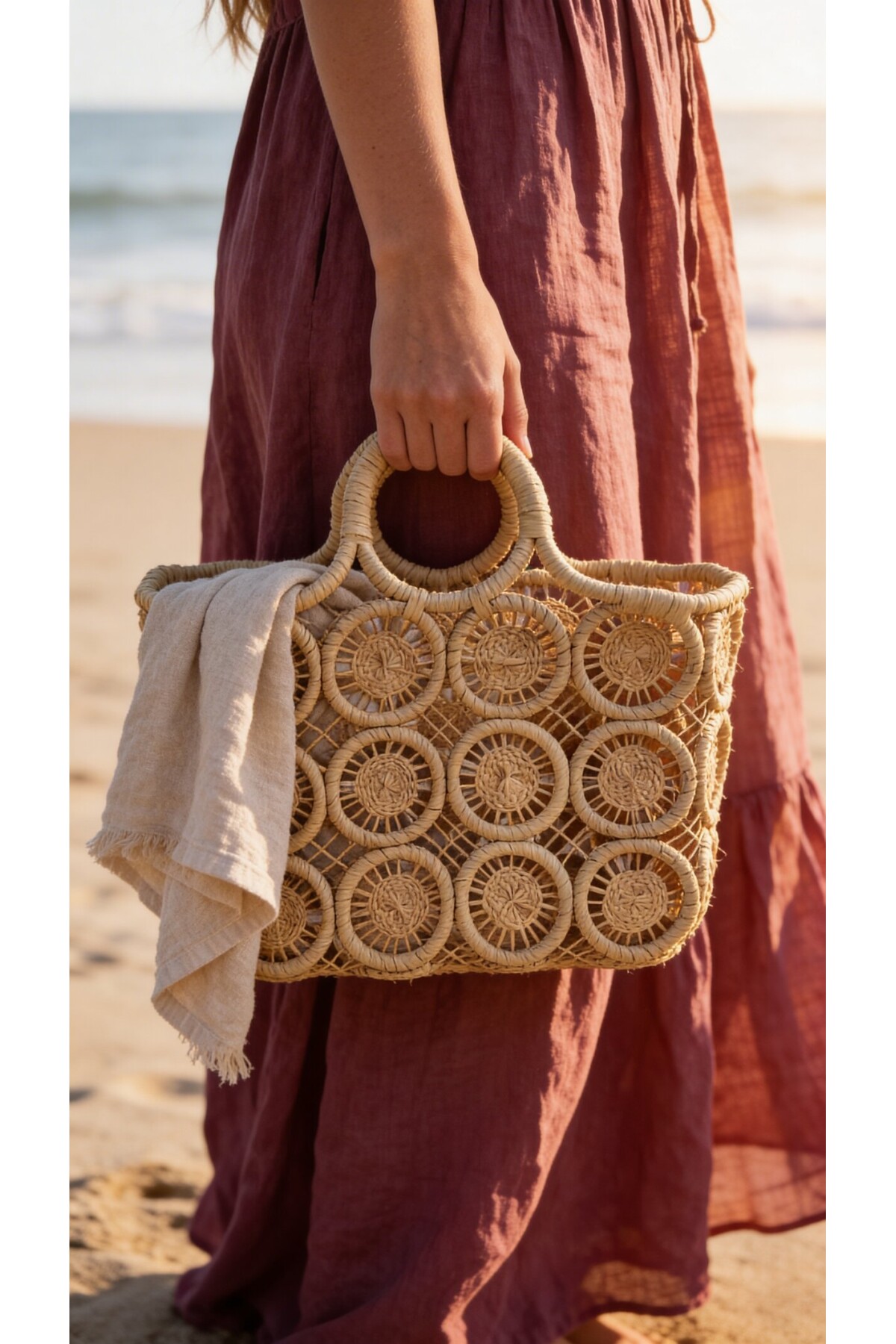 Marea %100 El Örgüsü Hasır Dantel Stil Çanta