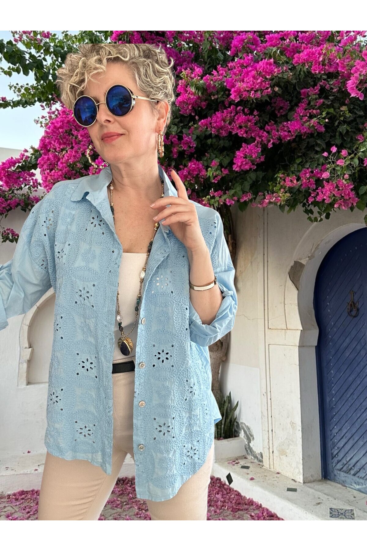 Mayya İtalyan Çiçek Fisto Detaylı Gömlek Bebe Mavi