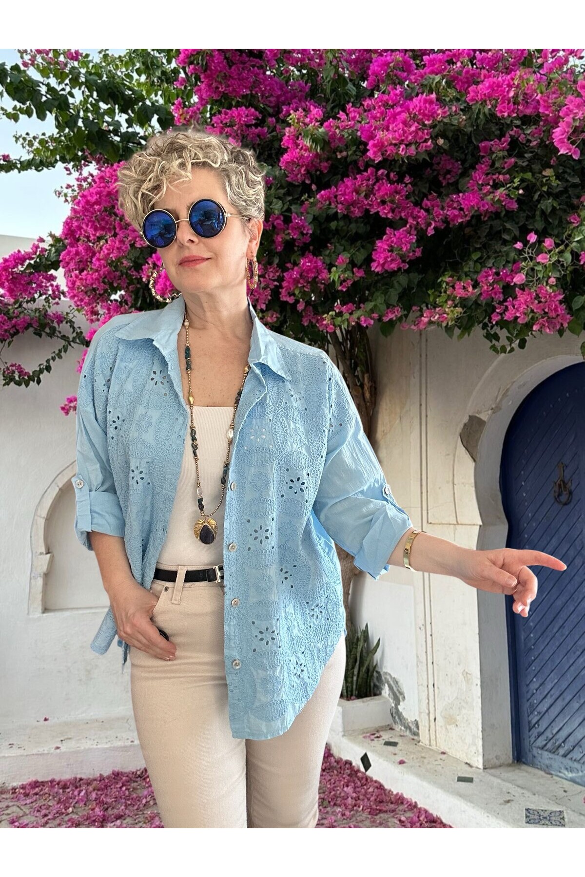 Mayya İtalyan Çiçek Fisto Detaylı Gömlek Bebe Mavi