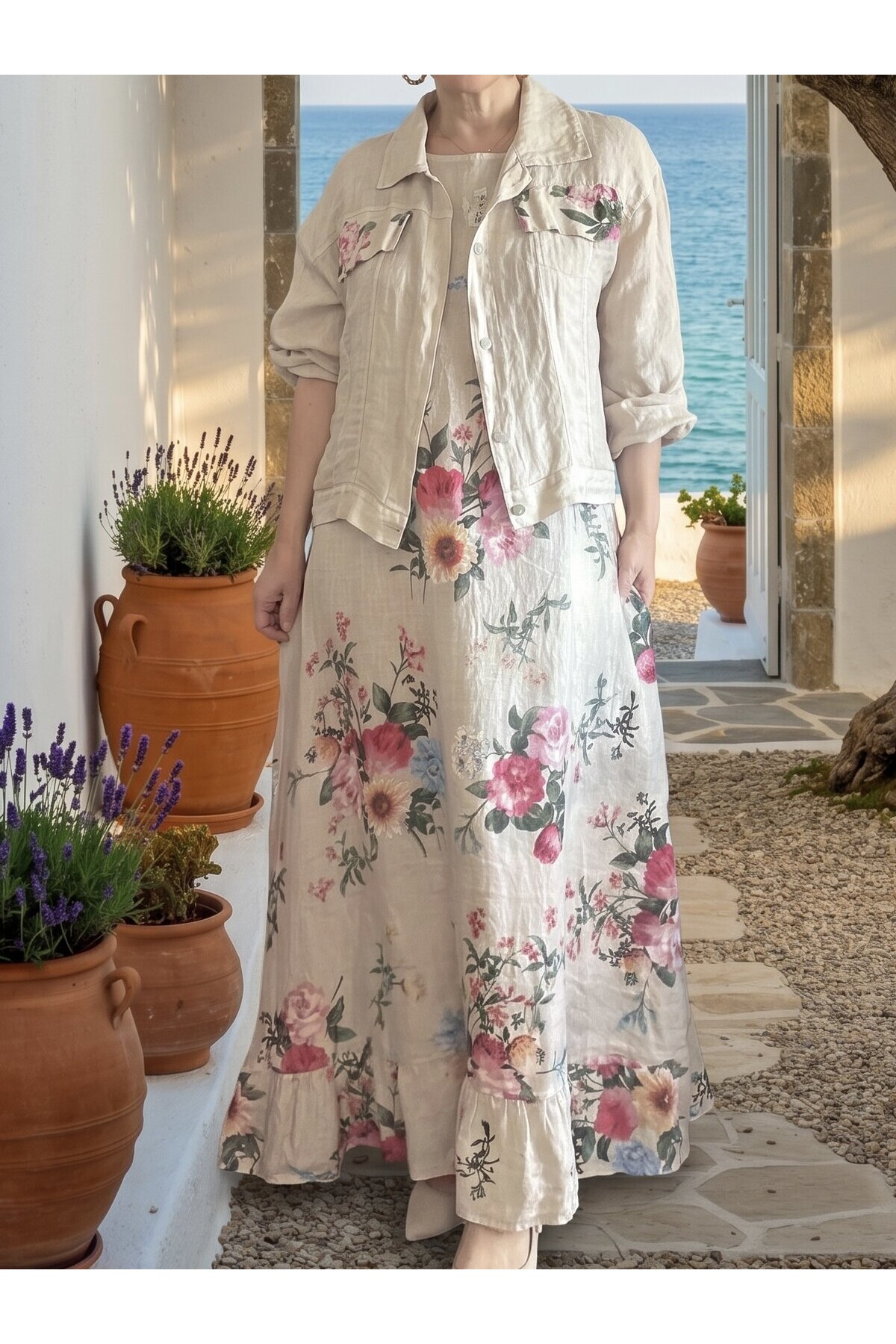Mengotti | İthal %100 Linen Ceket & Kolsuz Elbise Takımı Beige