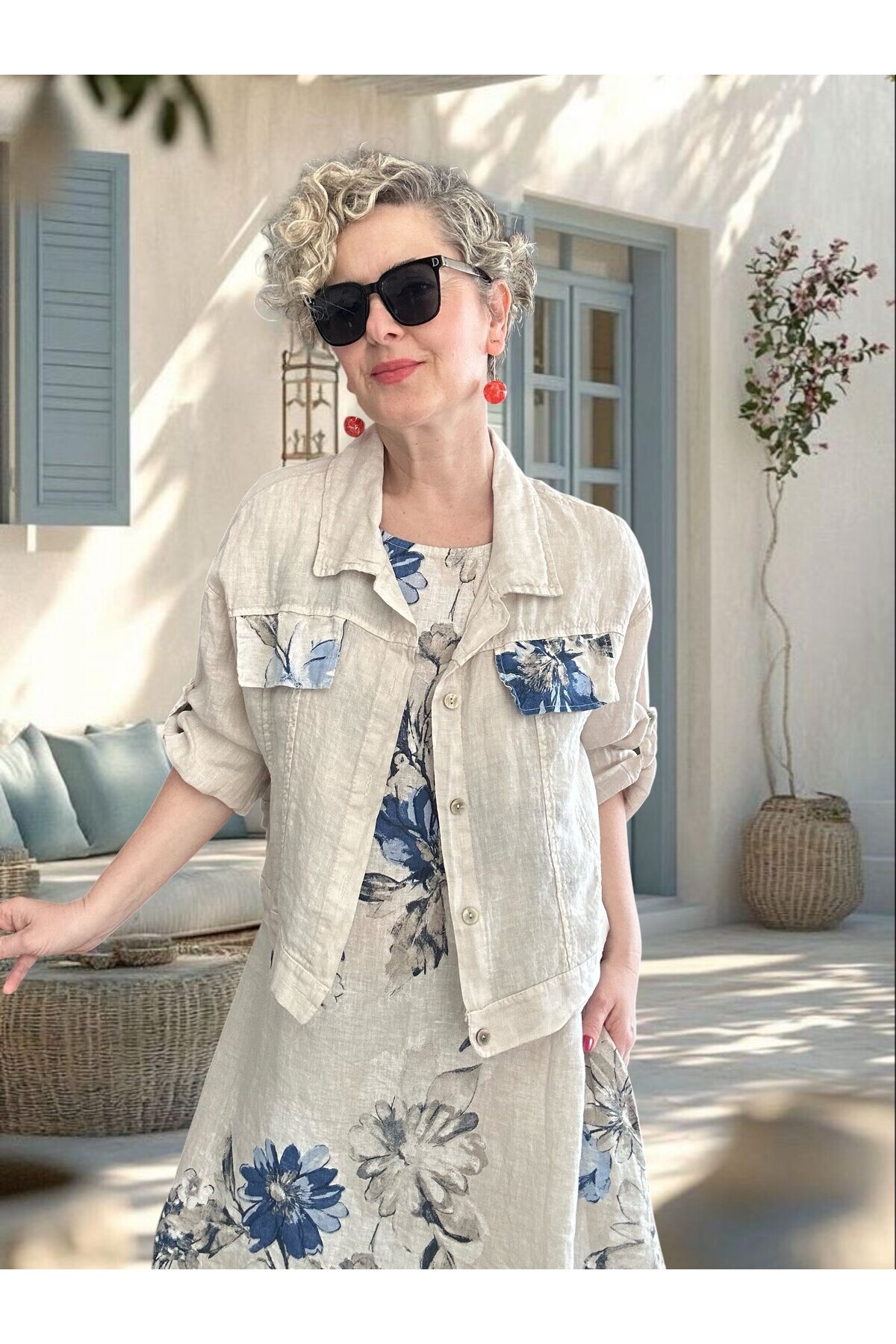 Mikka İthal %100 Linen Ceket & Kolsuz Elbise Takımı Beige