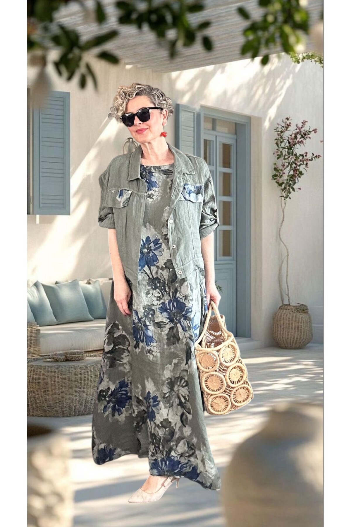 Mikka İthal %100 Linen Ceket & Kolsuz Elbise Takımı Haki