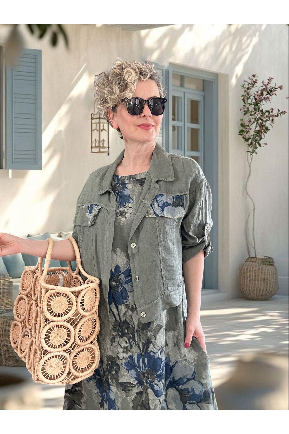 Mikka İthal %100 Linen Ceket & Kolsuz Elbise Takımı Haki