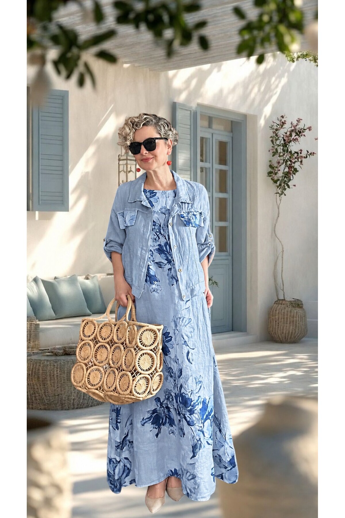 Mikka İthal %100 Linen Ceket & Kolsuz Elbise Takımı Bebe Mavi