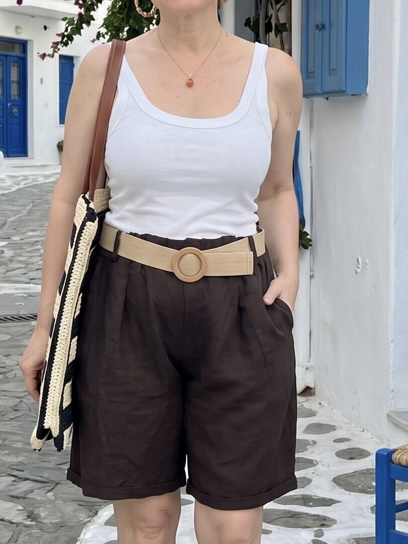 Mira | İtalyan Kemerli %100 Linen Şort Kahve
