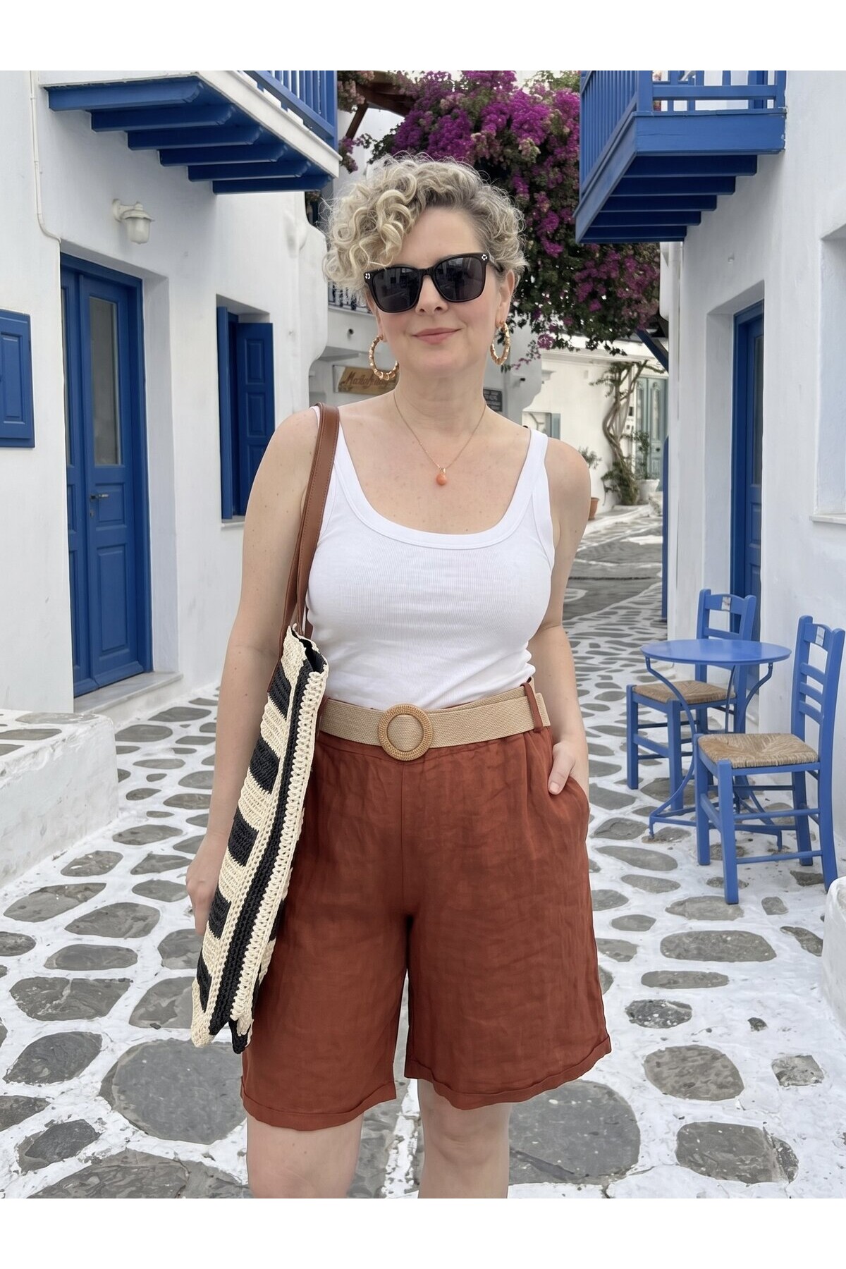 Mira | İtalyan Kemerli %100 Linen Şort Taba