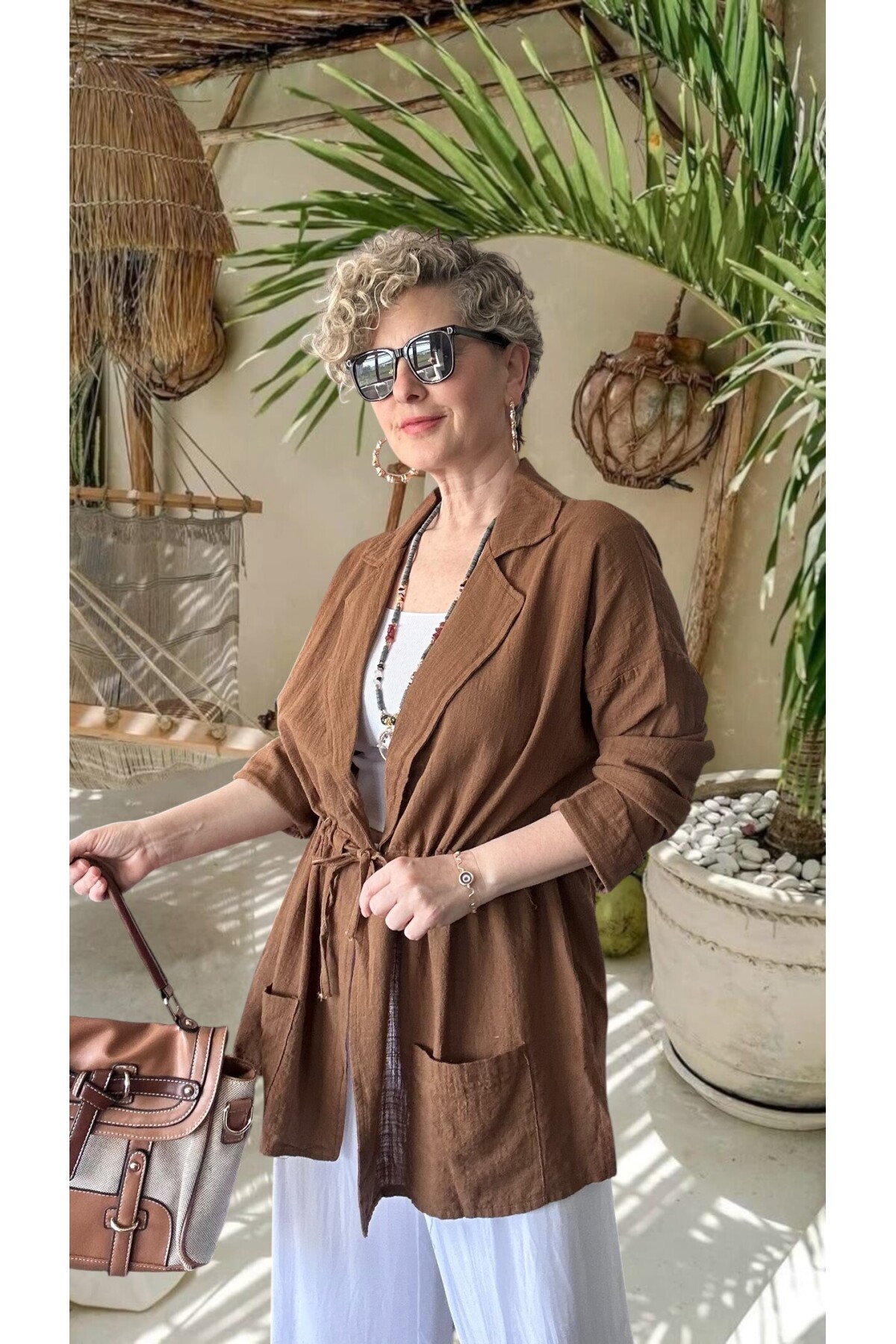 Mosas Büzgü Detaylı Pamuklu Tasarım Ceket Kahve