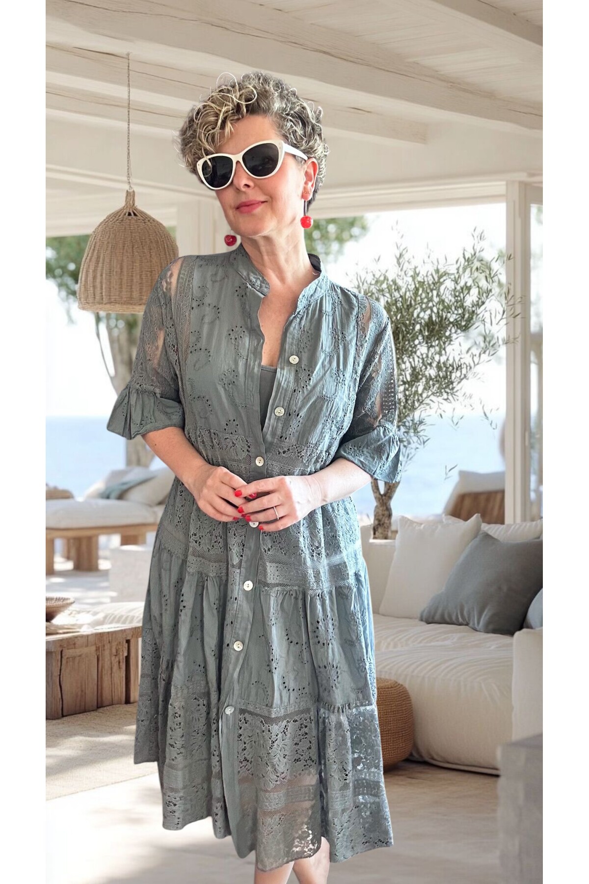 Nessi İtalyan Brode Gömlek Elbise Gri